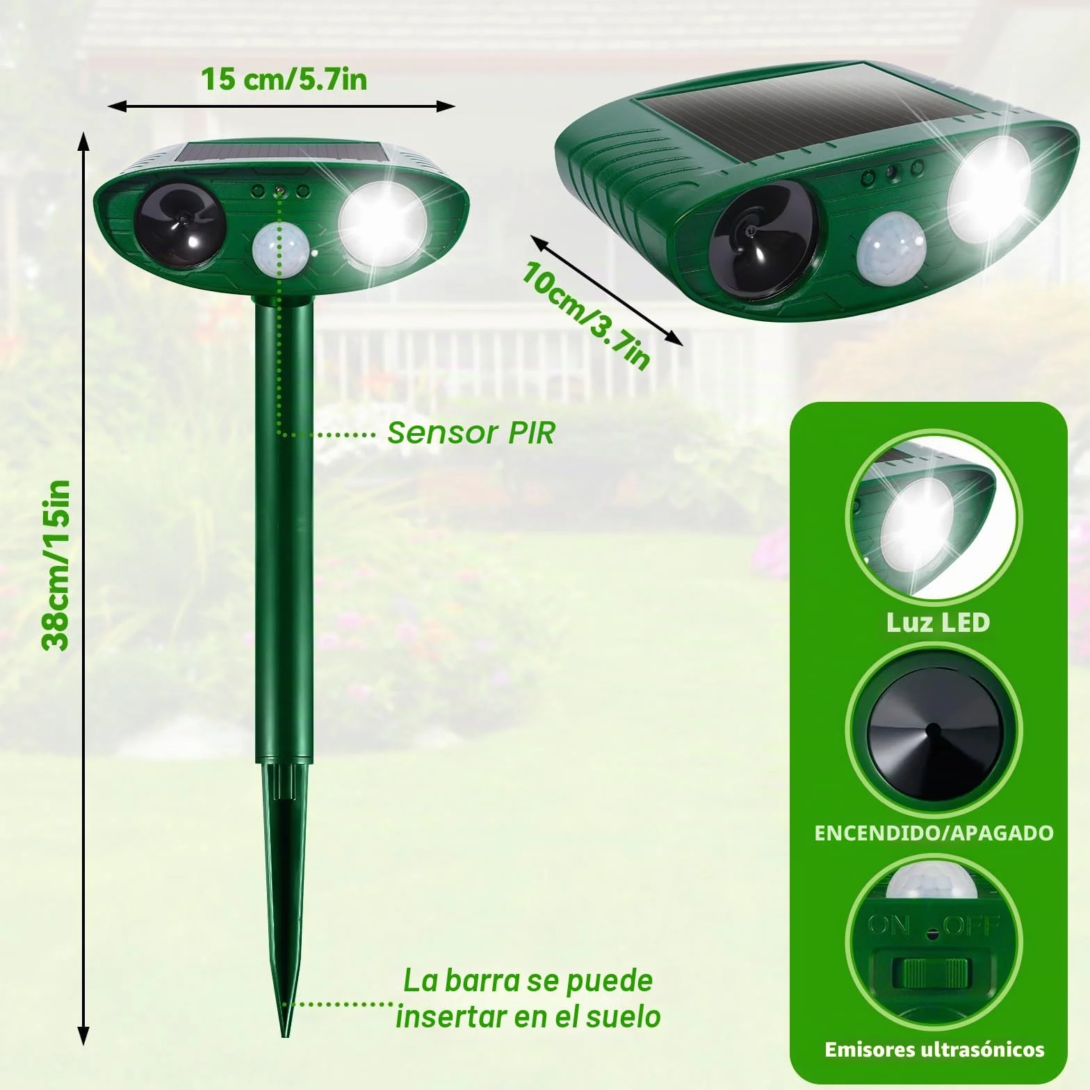 Ahuyentador de Gatos Exterior, Ultrasónico Repelente de Zorros Solar con Luz LED, 8m 120° IPX4 Impermeable Aullentador de Animales para Gatos Zorros Martas Mapaches Perros