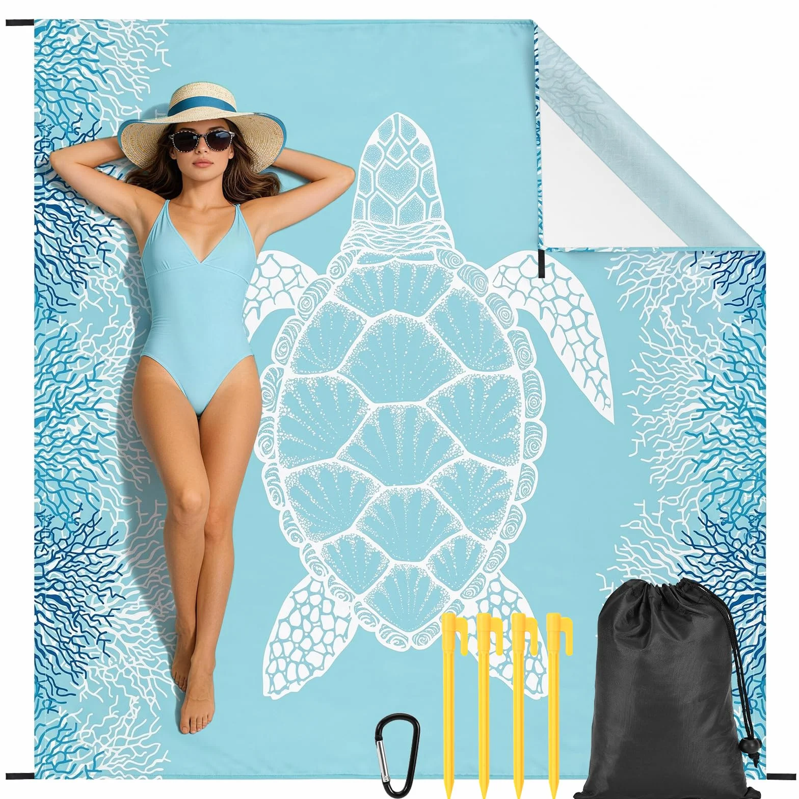 XXL Grande Manta de Playa Impermeable Alfombra de Playa Resistente a la Arena Esterilla de Playa 180x200cm Manta de Pícnic Camping y Playa 4 Estacas Gancho y Bolsa de Almacenamiento Portátil