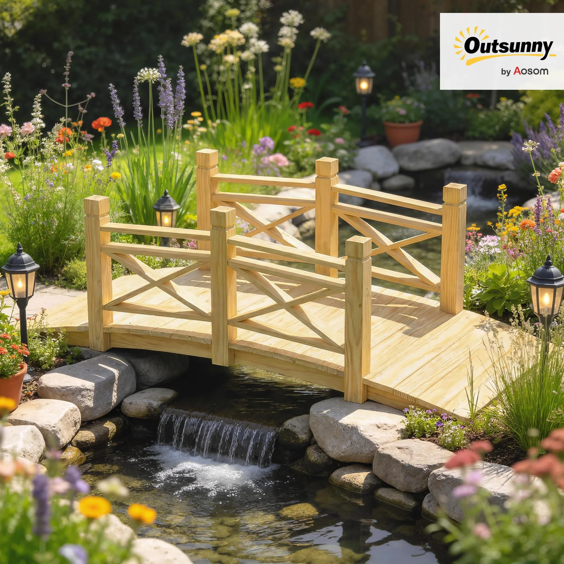 Outsunny Puente de jardín de madera carbonizada arqueada 1,74 m – Pasarela con mano corredora segura y carga 200 kg – Decoración exterior tratada y resistente, natural