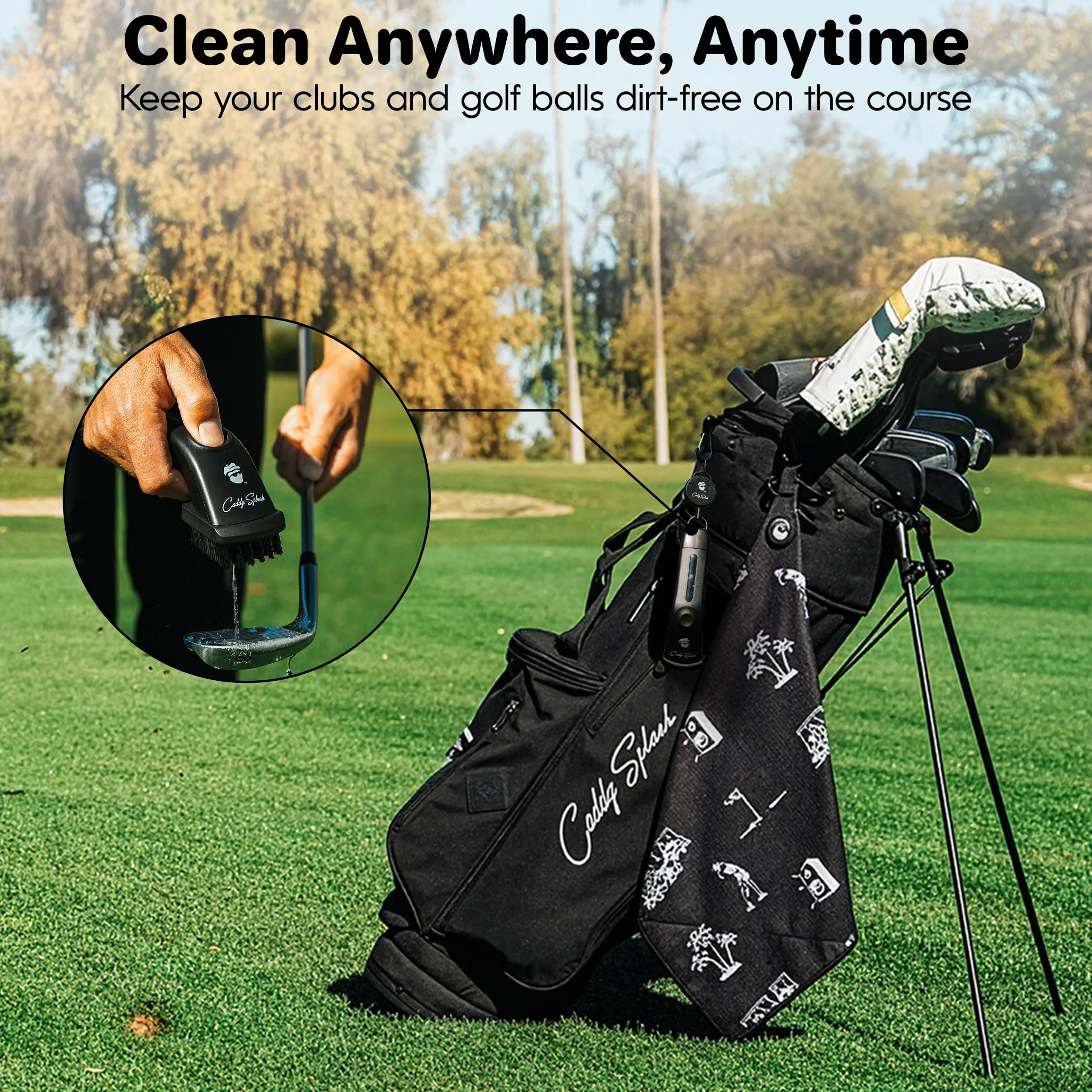 Caddy Splash Cepillo para Palos de Golf Pro con Agua (Negro) - Clip retráctil Resistente - Botón pulsador - Cerdas de Nailon - Capacidad 4 onzas