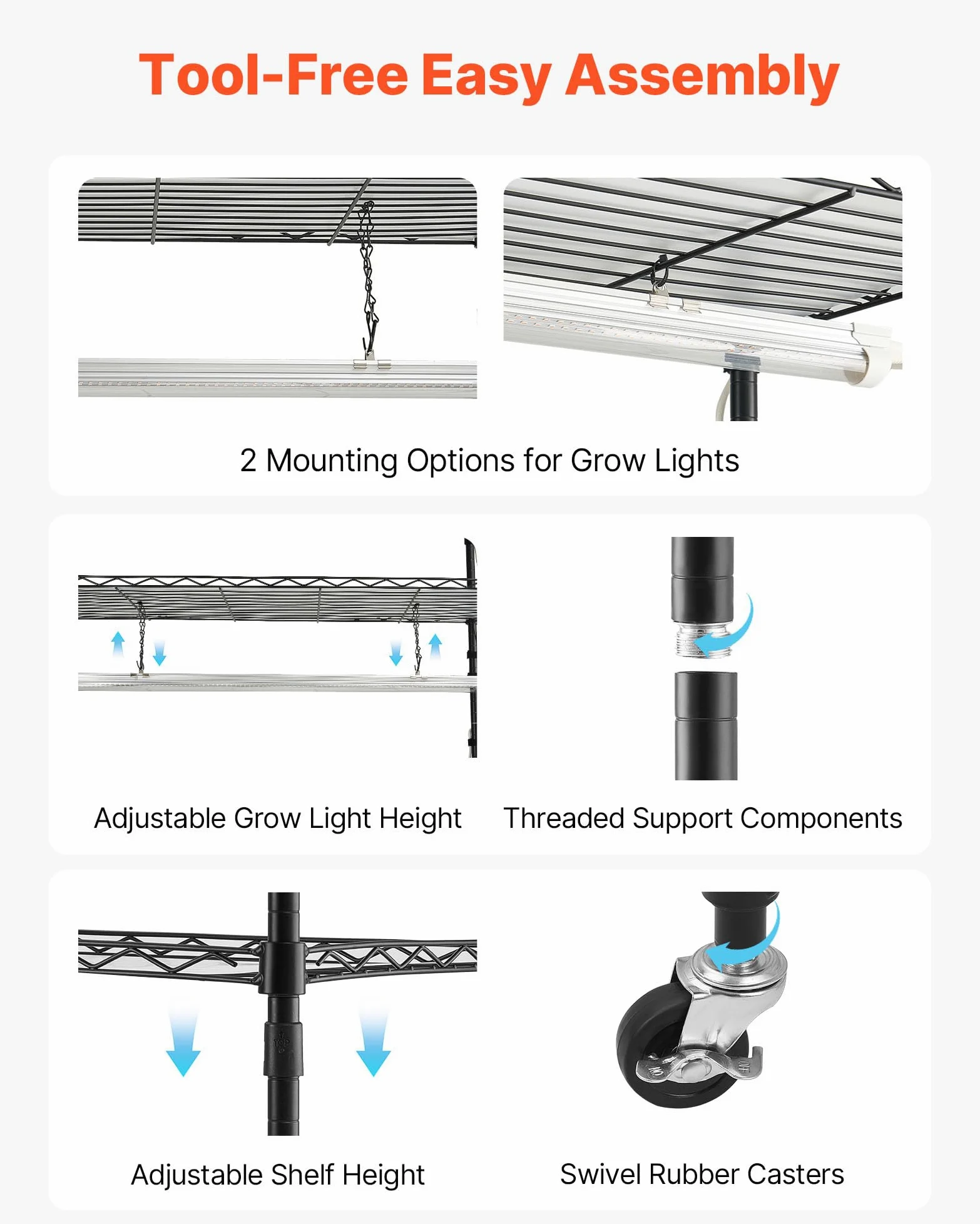VEVOR Soporte para Plantas con Luz de Cultivo 6 Niveles Alto 180 cm 150 W, Estante para Plantas con Ruedas Giratorias, Temporizador Mecánico, para Crecimiento de Planta, Macetas, 900 x 350 x 1800 mm
