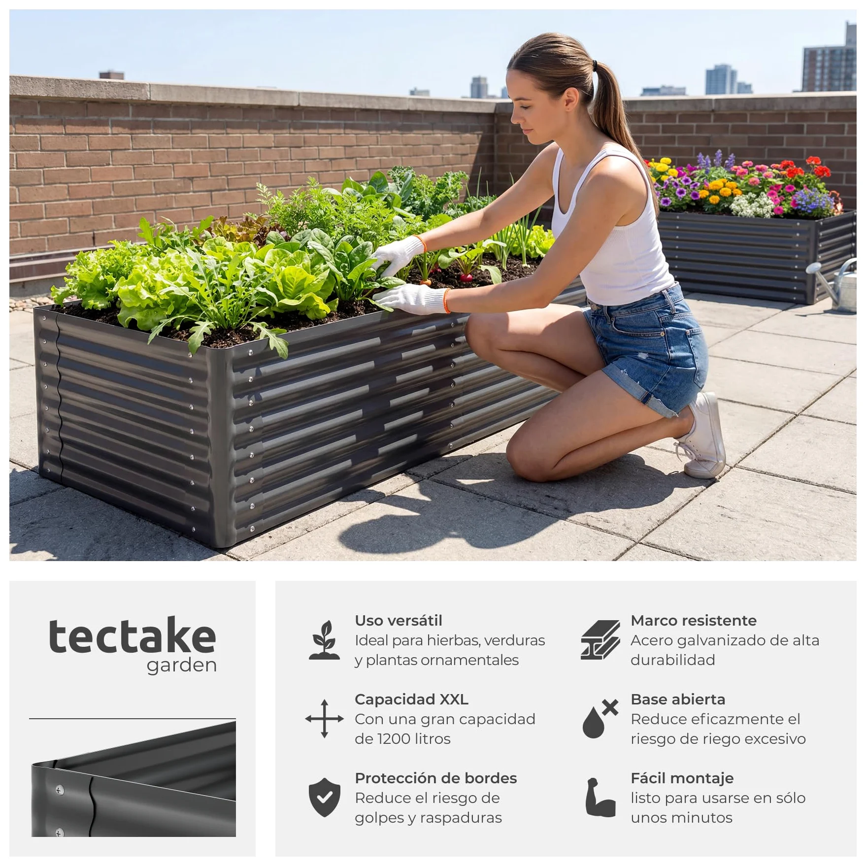 tectake® Bancal Elevado de 200 x 100 x 62 cm, 1200L, para Huerto Urbano, Jardineras Exterior Grandes, Maceteros Grandes Exterior, Jardin, Macetero Grande, con Guantes, Suelo Abierto, Malla Metalica