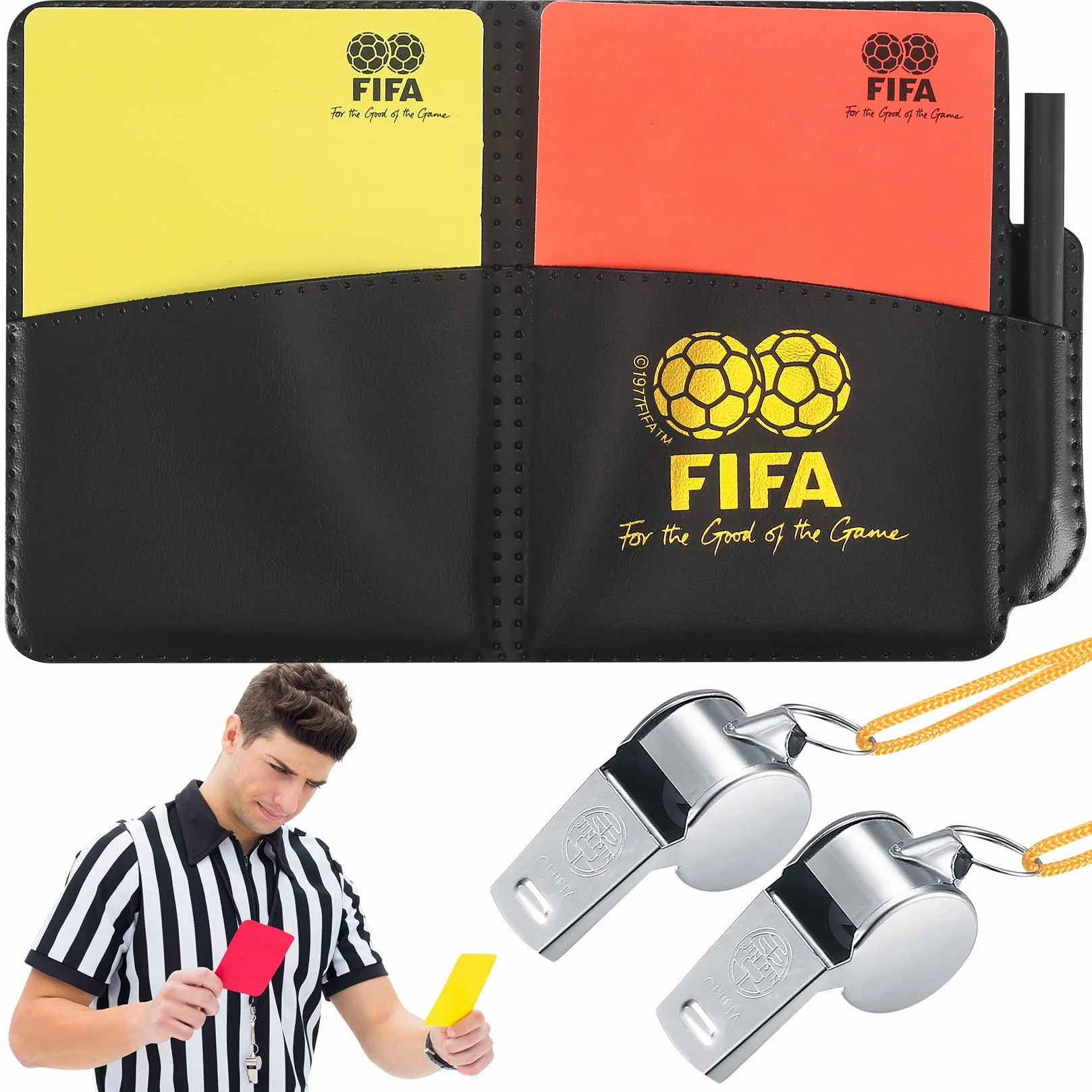 Juego de Tarjetas de Árbitro Deportivo de Fútbol, Tarjetas Rojas y Amarillas con Silbato de Metal