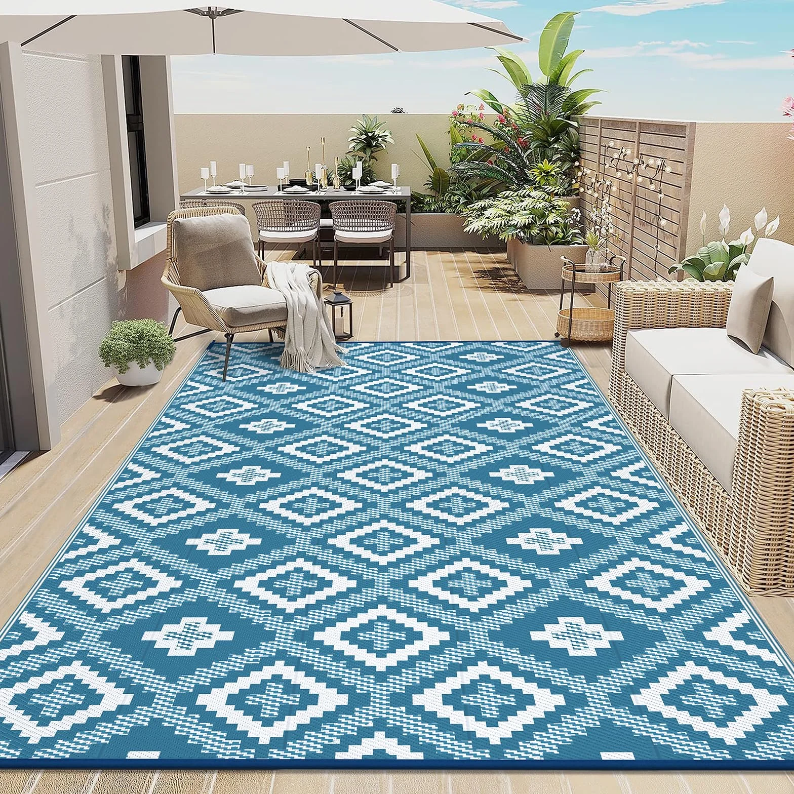 Enyhom Alfombra impermeable para exteriores, grande, reversible, de plástico, para jardín, resistente a los rayos UV, plegable, para camping, balcón, terraza, 240 x 300 cm, color verde azulado