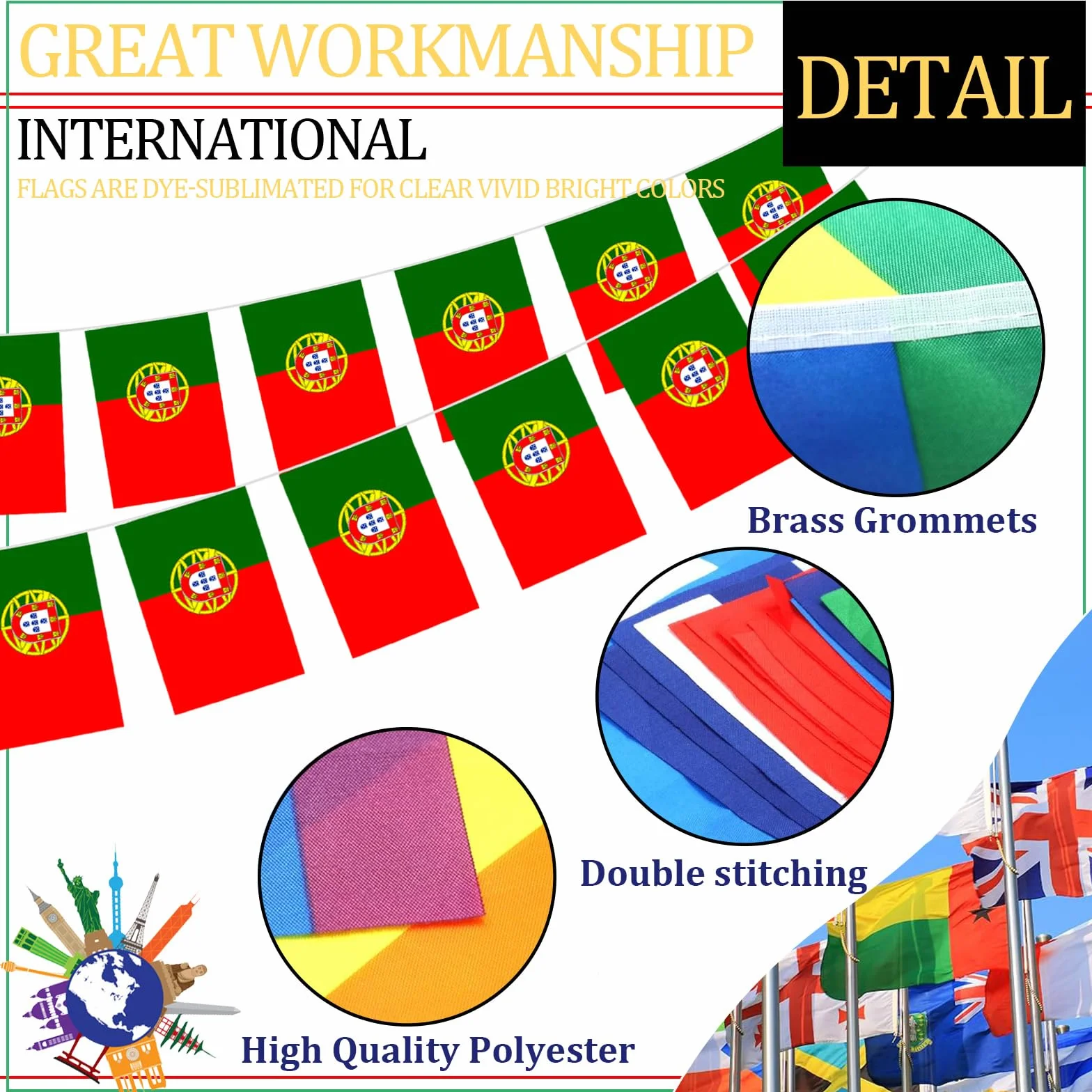 10m Guirnalda Bandera de Portugal,30 Doble Cara Pequeña Personalizada Banderas,para Decoración Patio,Balcón,Jardin,Barra,para Juegos de Fútbol,Eventos Deportivos,Día Nacional,Fiesta de Portugal