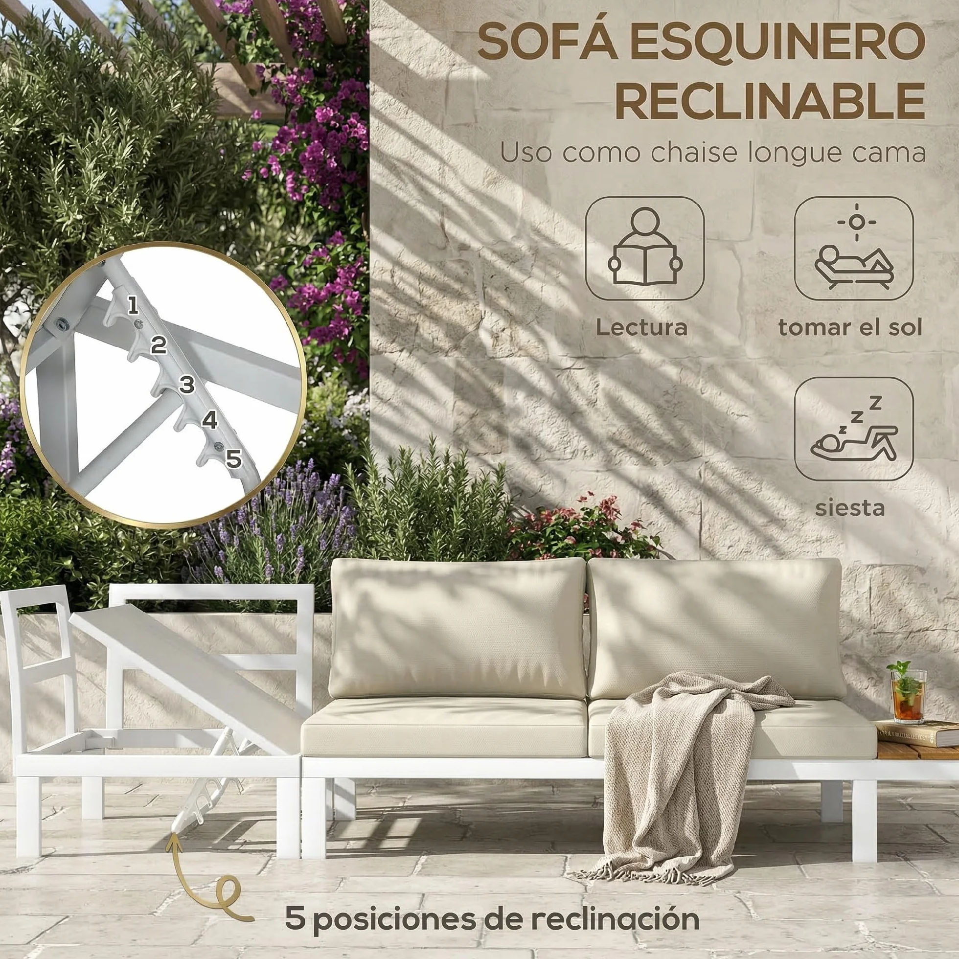 Outsunny Conjunto de Muebles de Jardín Exterior 4 Piezas Juego de Muebles de Terraza Incluye 2 Sofás Dobles 1 Sofá Esquinero Reclinable y Mesa de Centro Mesita Lateral con Cojines para Patio Crema