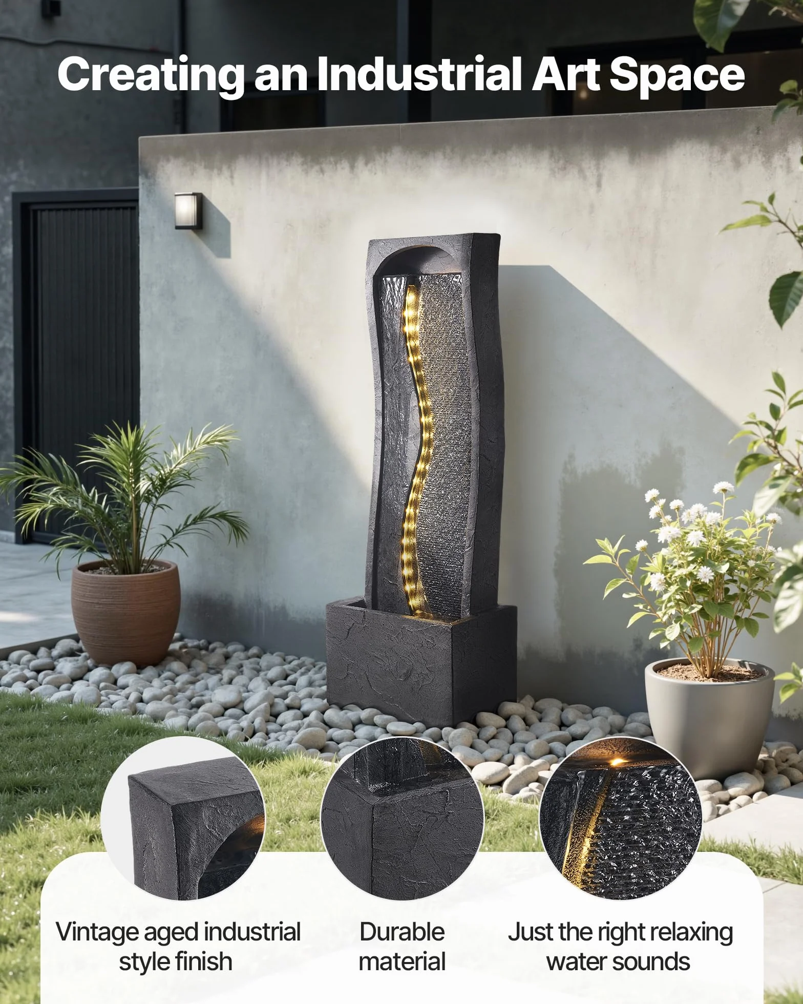 VEVOR Fuente de Agua para Exteriores, 98 cm de Altura, Fuente de Cascada Moderna de Una Sola Capa con Base de Roca, Luz LED y Bomba para Jardín, Patio, Decoración del Hogar, Exterior, Negro