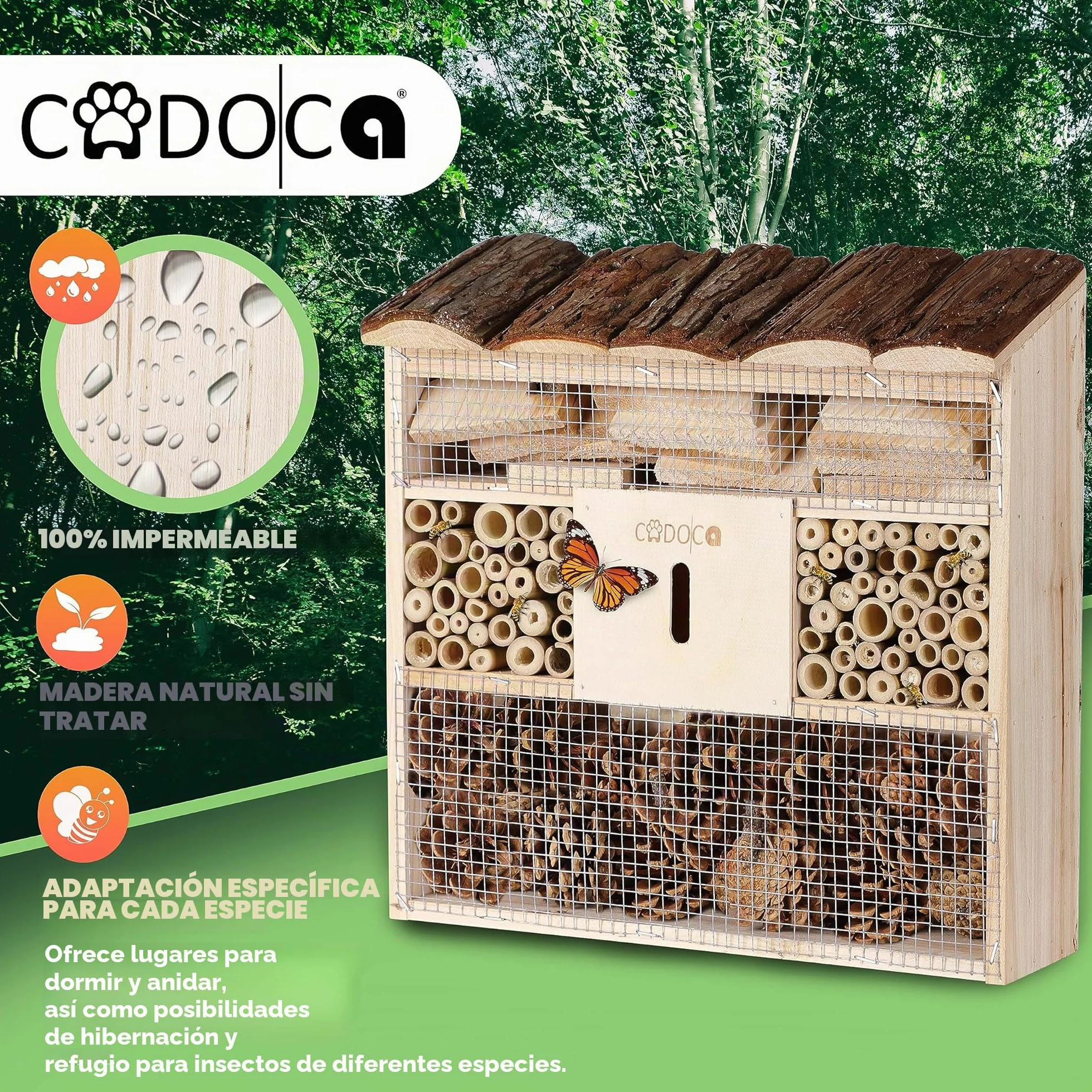 CADOCA® 2X Hotel de Insectos de Madera 31x31cm Observatorio de Insectos Casa Natural Nido para Colgar Abejas Jardín