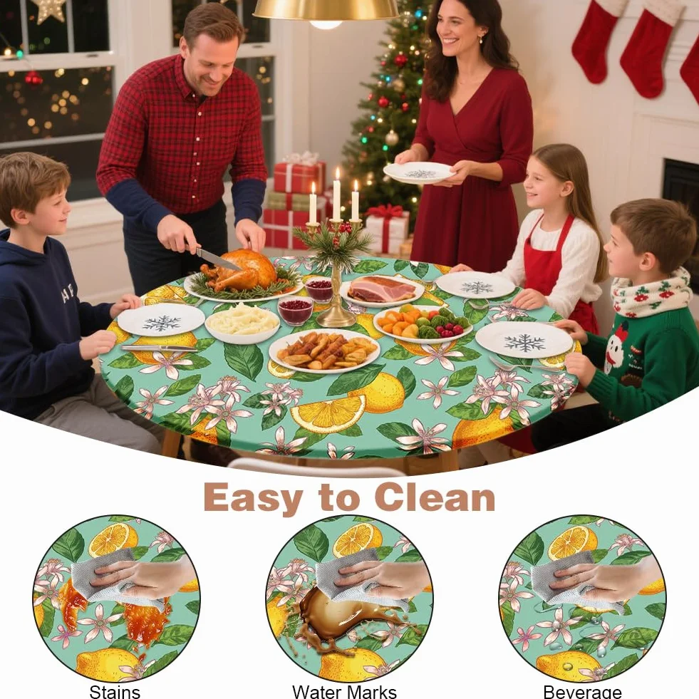 Yuragim Mantel redondo para exteriores con goma elástica, 90 cm, redondo, lavable, para exteriores, resistente a la intemperie, mantel elástico para jardín con estampado de limón, apto para mesas de