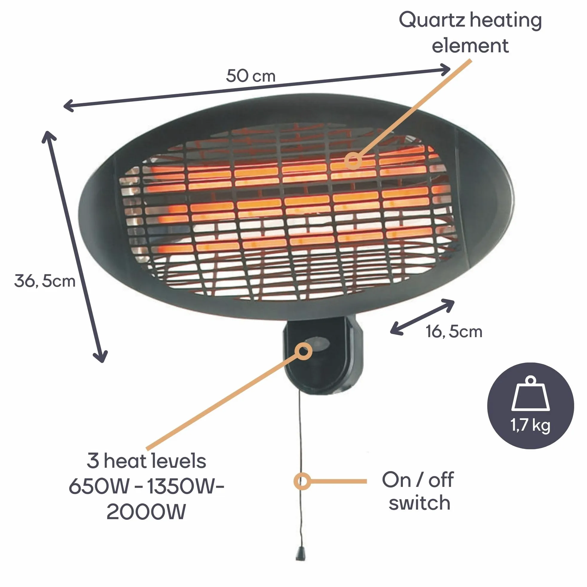 Perel Calefactor de terraza 2000W IP34 cuarzo montaje mural 3 niveles calor inclinable 45°