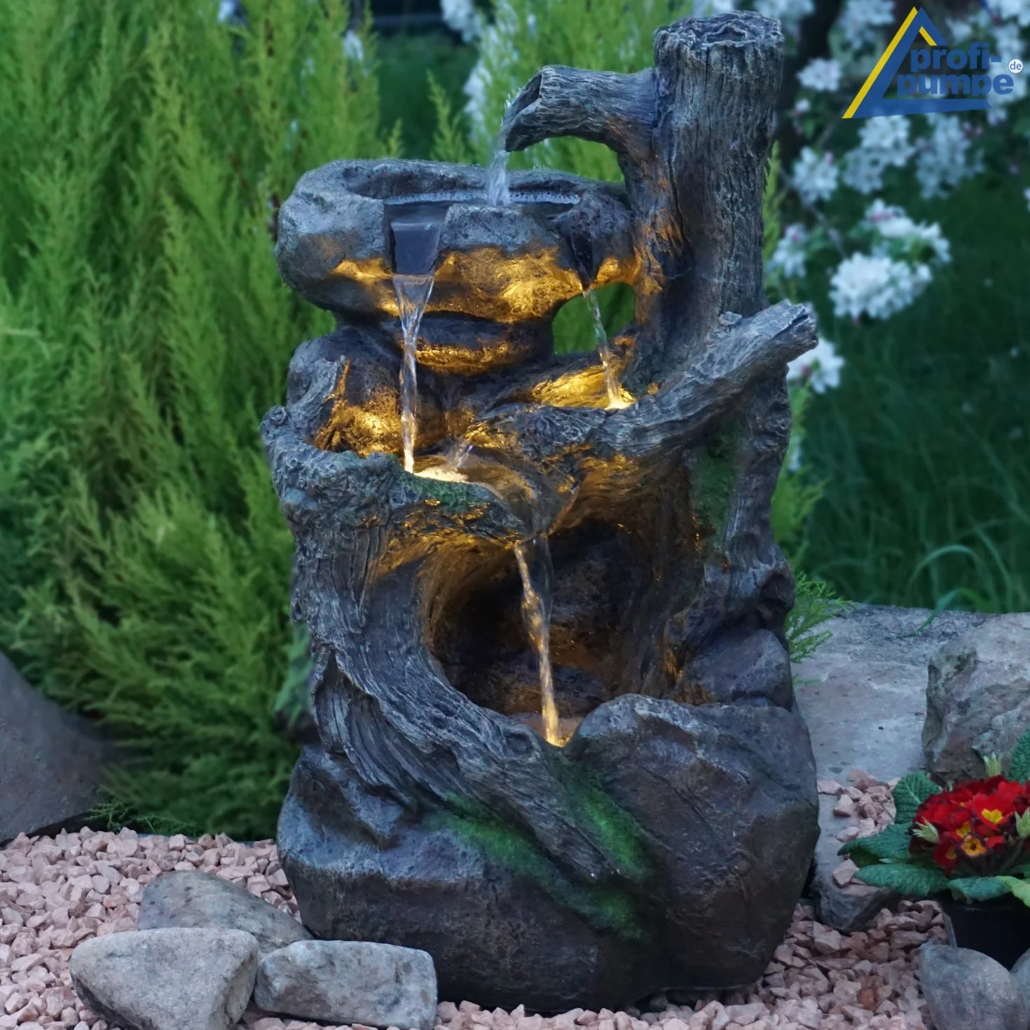 Fuente de Agua Fuente en Cascada Fuente Ornamental Raiz de arbol Fuente de Fuente de Jardin para Jardin, terraza, Balcon con Bomba de Agua y luz LED