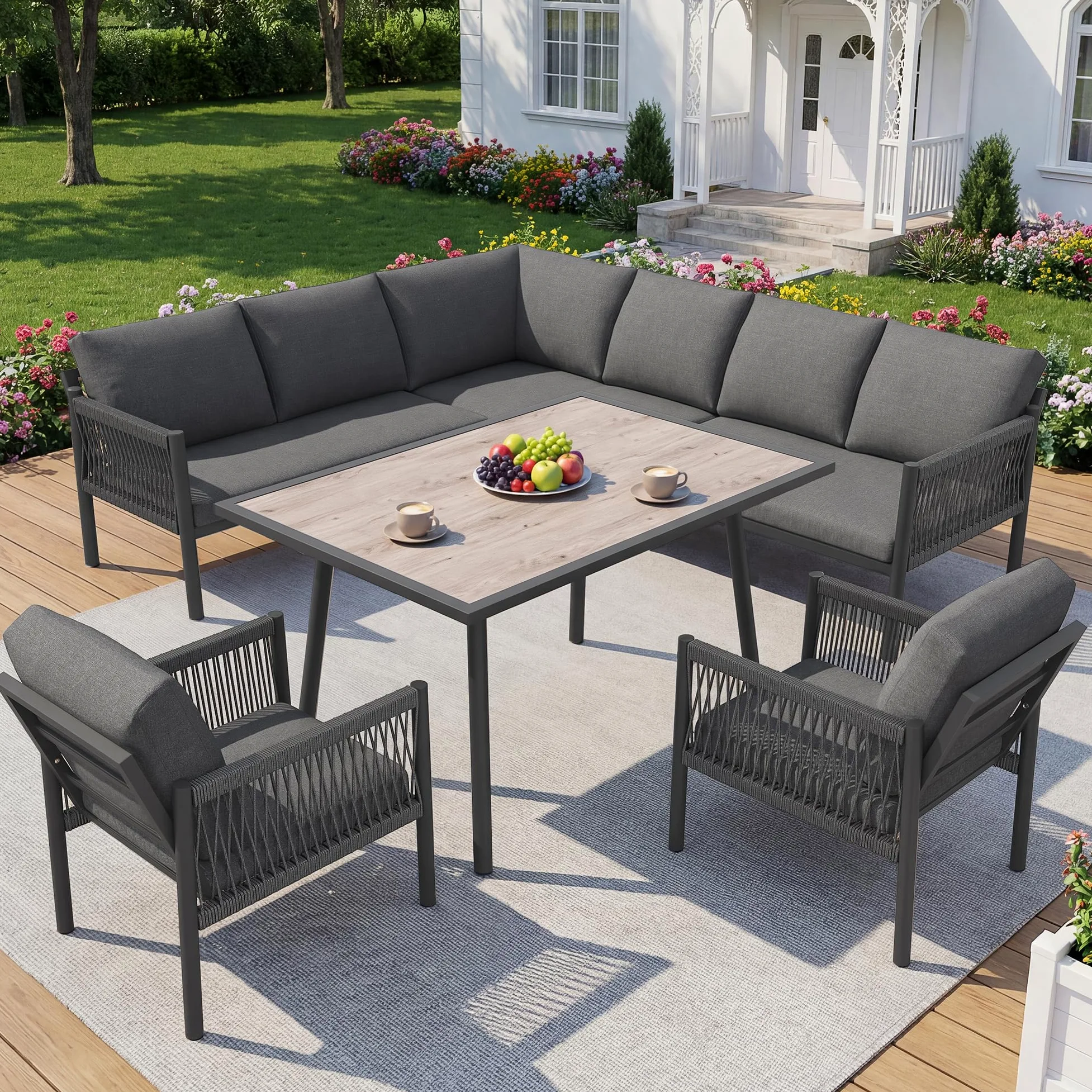 Conjunto de muebles de jardín para exteriores, sofá de jardín en forma de L para 7-8 personas, incluye 1 mesa con tablero de vidrio de imitación de madera y 2 sillones trenzados a mano, para