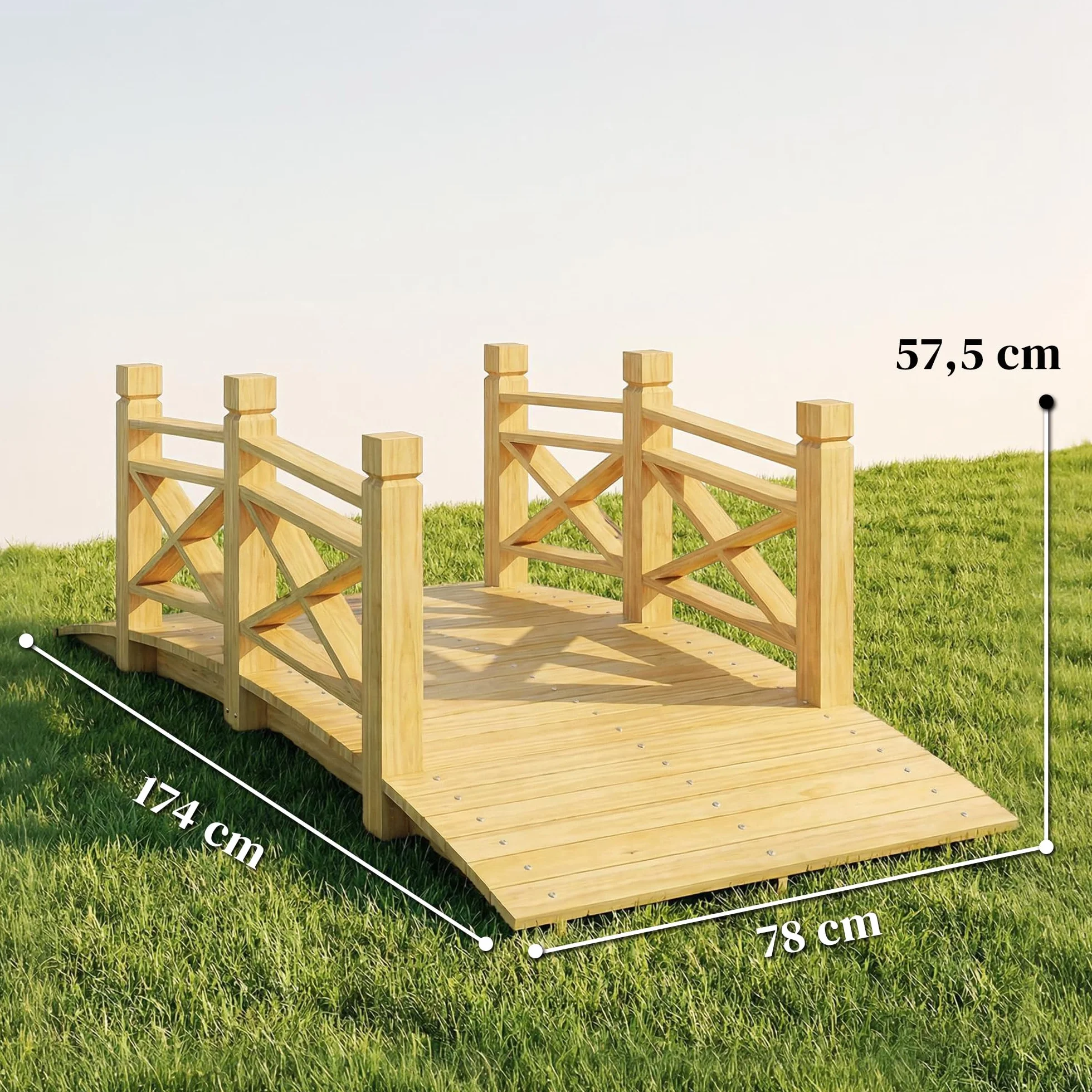 Outsunny Puente de jardín de madera carbonizada arqueada 1,74 m – Pasarela con mano corredora segura y carga 200 kg – Decoración exterior tratada y resistente, natural