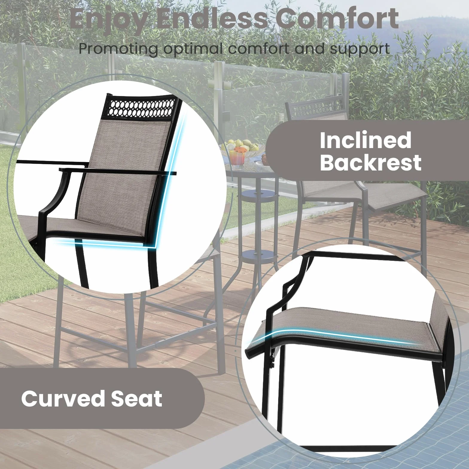 KOMFOTTEU Juego de 2 Sillas de Jardín, Silla Alta de Tela con Marco de Metal, Taburete de Bar con Respaldo y Reposabrazos, Silla de Comedor con Carga 180 kg para Terraza, 66 x 62 x 114 cm (Café)