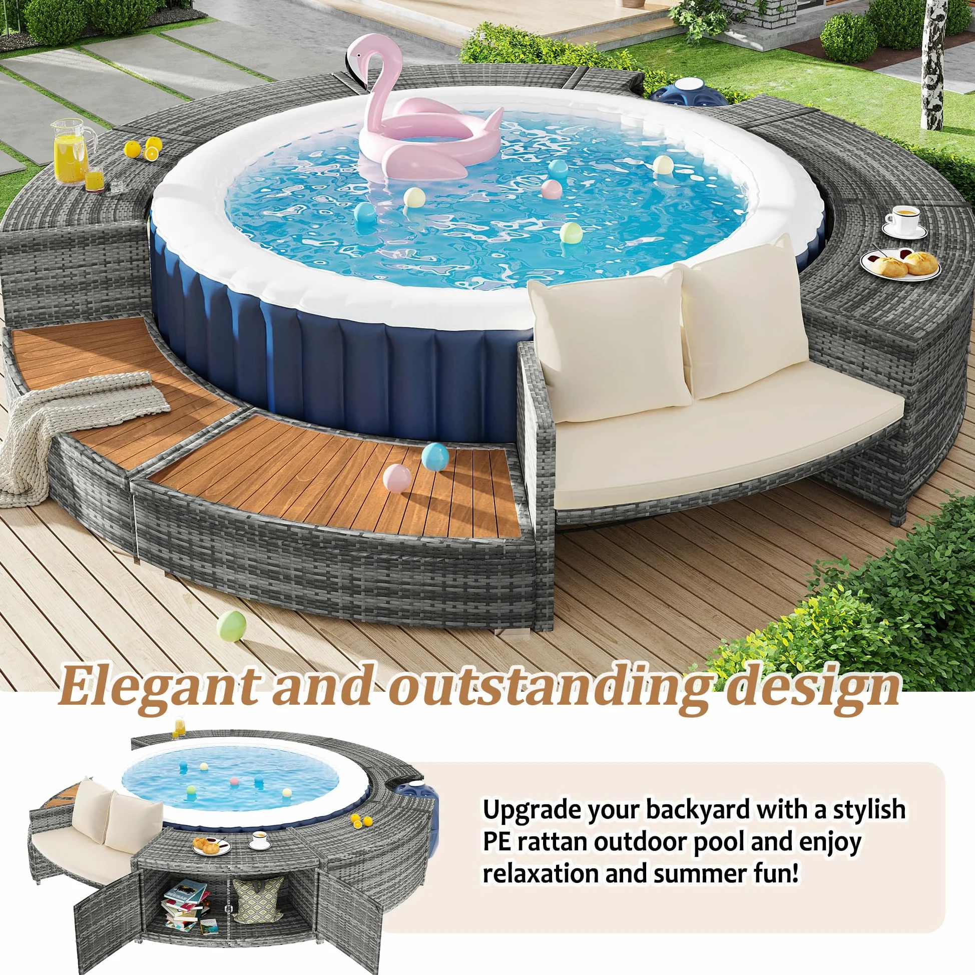 Set de salón de jardín Shye con sofá redondo, juego de muebles de jardín, set de salón, para jacuzzi y piscina, con patas ajustables, incluye cojines, muebles para terraza, jardín o área de piscina