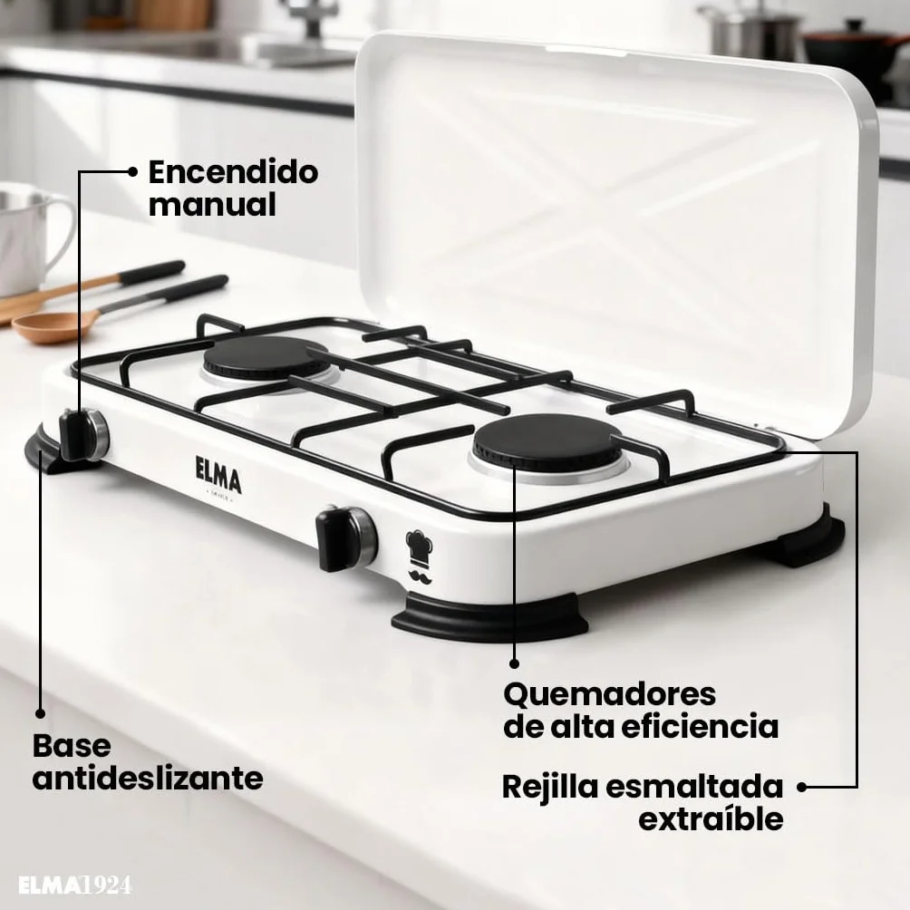 ELMA Cocina a Gas Portátil 2 Fuegos – Compacta y Ligera, Ideal para Camping, Caravanas y Uso en Casa | Compatible con Gas Butano y Propano, Incluye Instrucciones de Montaje | 58 x 28 x 5,5 cm