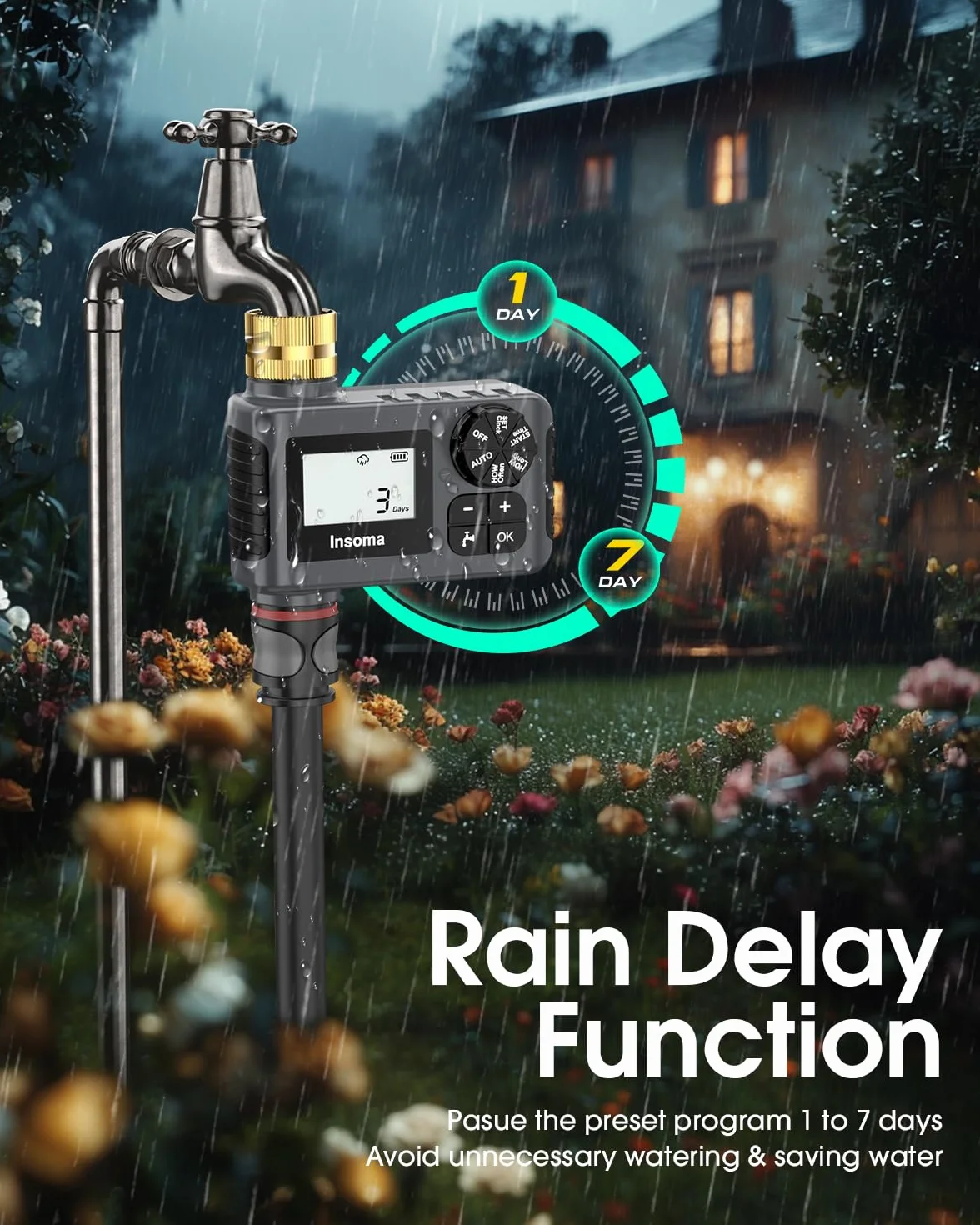 Temporizador de agua para manguera de jardín al aire libre, temporizador de manguera con retardo de lluvia/modo manual, sistema de controlador automático de riego por goteo para riego de césped, patio