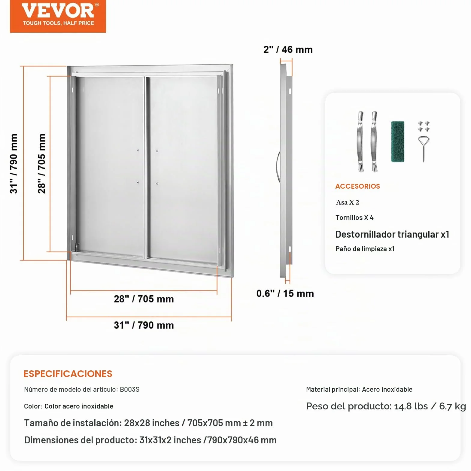 VEVOR Puerta de Acceso a Barbacoa 790 x 790 x 46 mm Puerta de Cocina Exterior Doble Puerta Empotrada de Acero Inoxidable con Manija para Isla de Barbacoa, Estación de Parrilla, Armario Exterior