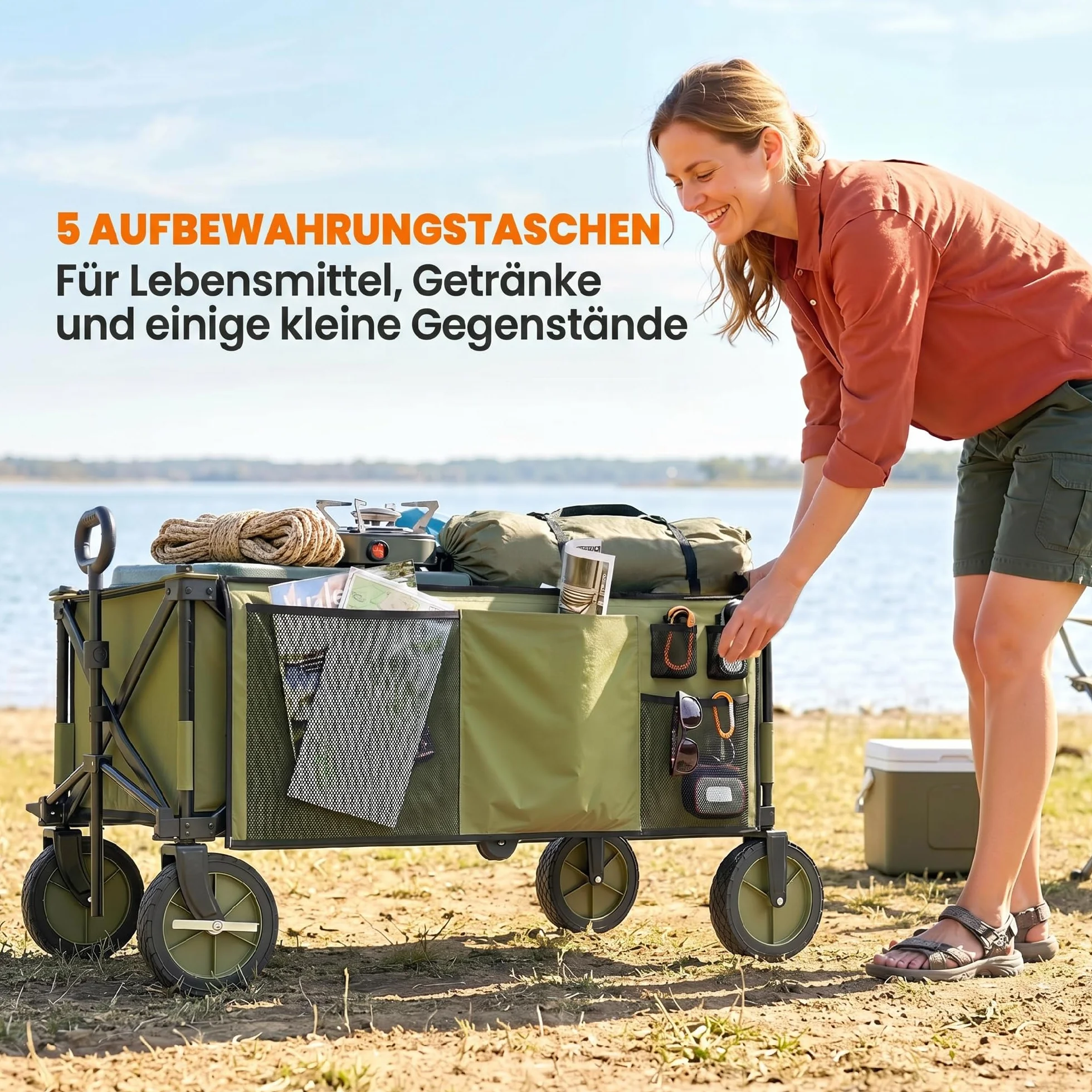 Outsunny Carro Plegable de Jardín con Ruedas Carro para Playa con Mango Telescópico Tablero Plegable 5 Bolsas Marco de Acero Carga 100 kg para Compra Patio 108x55x93 cm Verde