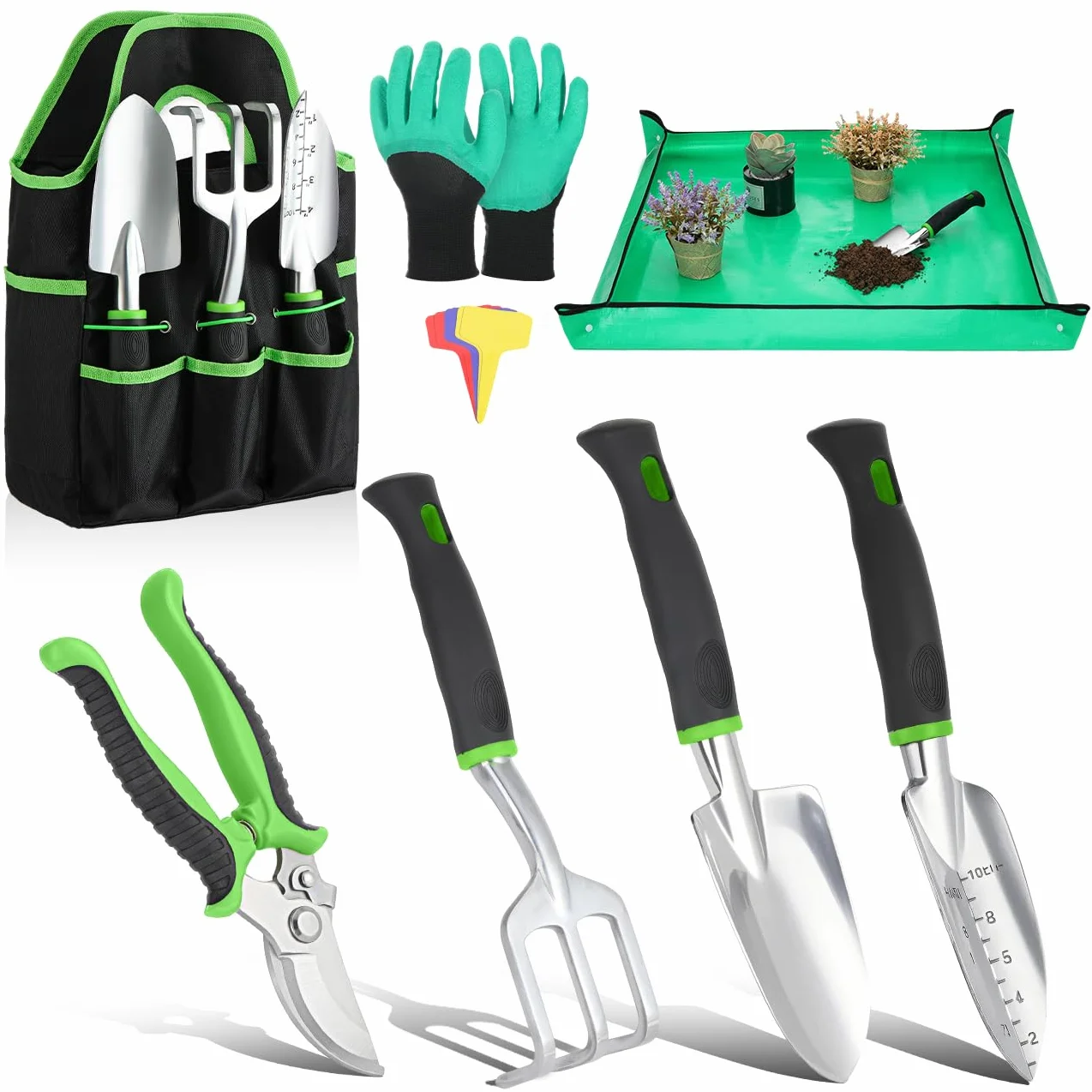 Housolution Juego de Herramientas de Jardín, 8 PCS, Kit de Herramientas de Mano de Jardinería, Suministros de Jardinería de Aleación de Aluminio Resistente con Mango, Bolsa de Almacenamiento, Verde