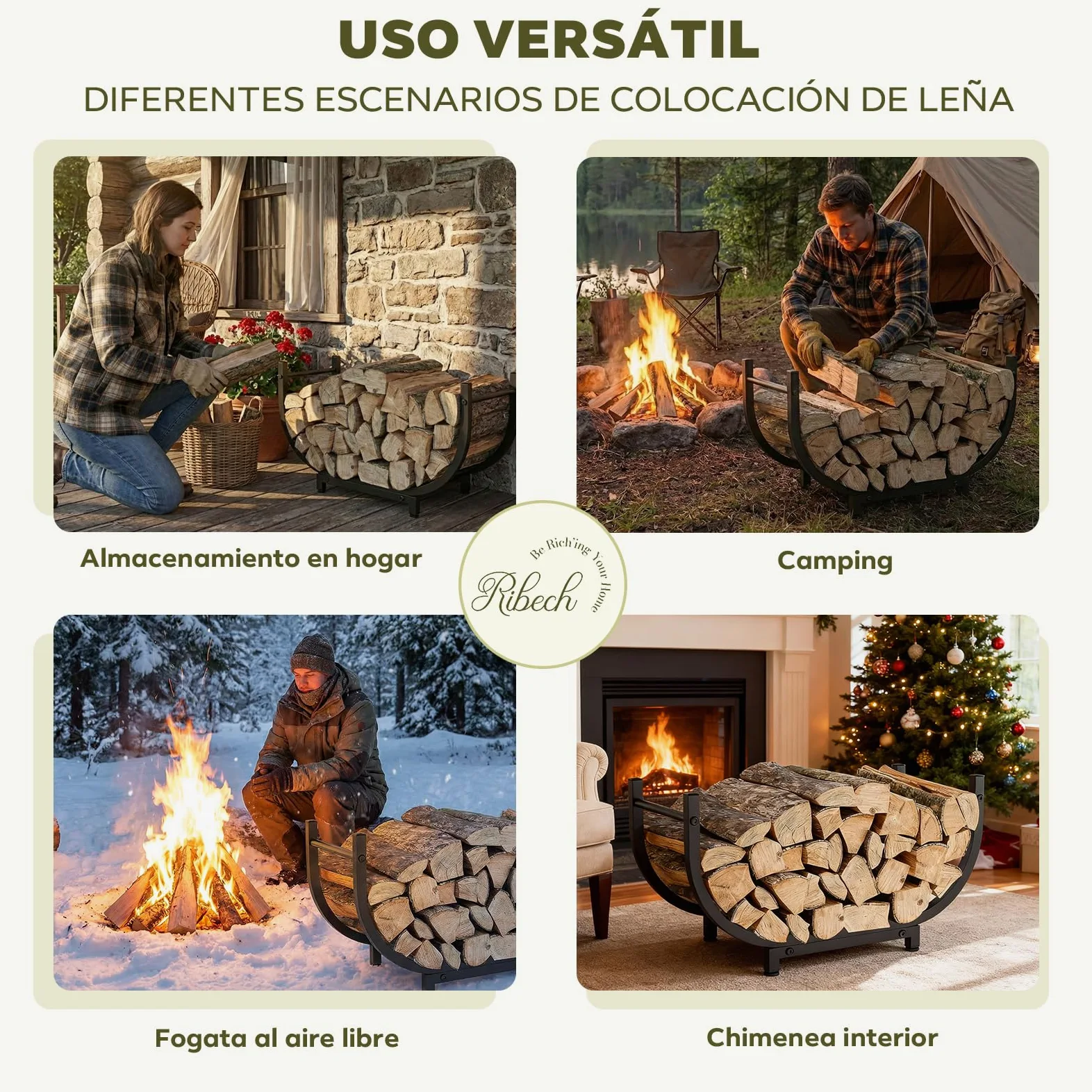 Estantería para Leña de Metal | Almacenamiento de Leña para Interior y Exterior | Soporte para Chimenea, Jardín, Camping y Autocaravana | Fácil Montaje, Negro