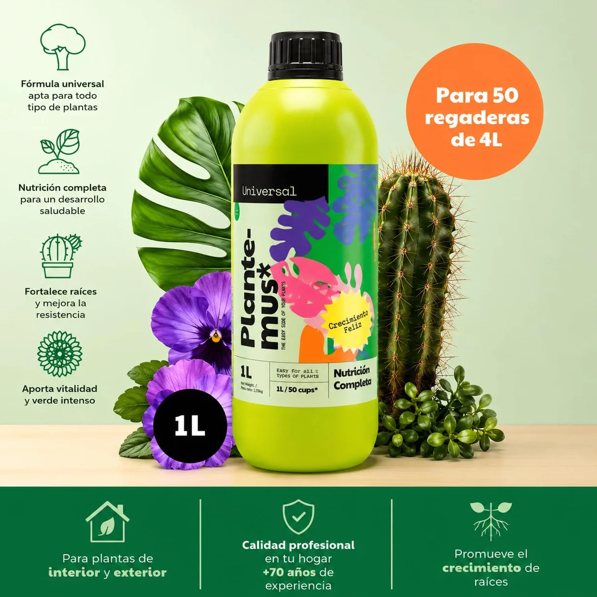PLANTEMUS Fertilizante Plantas Verdes Universal Líquido, Bonsai, Cactus, Suculentas para Interior y Exterior. Abono Calidad Profesional 1 L