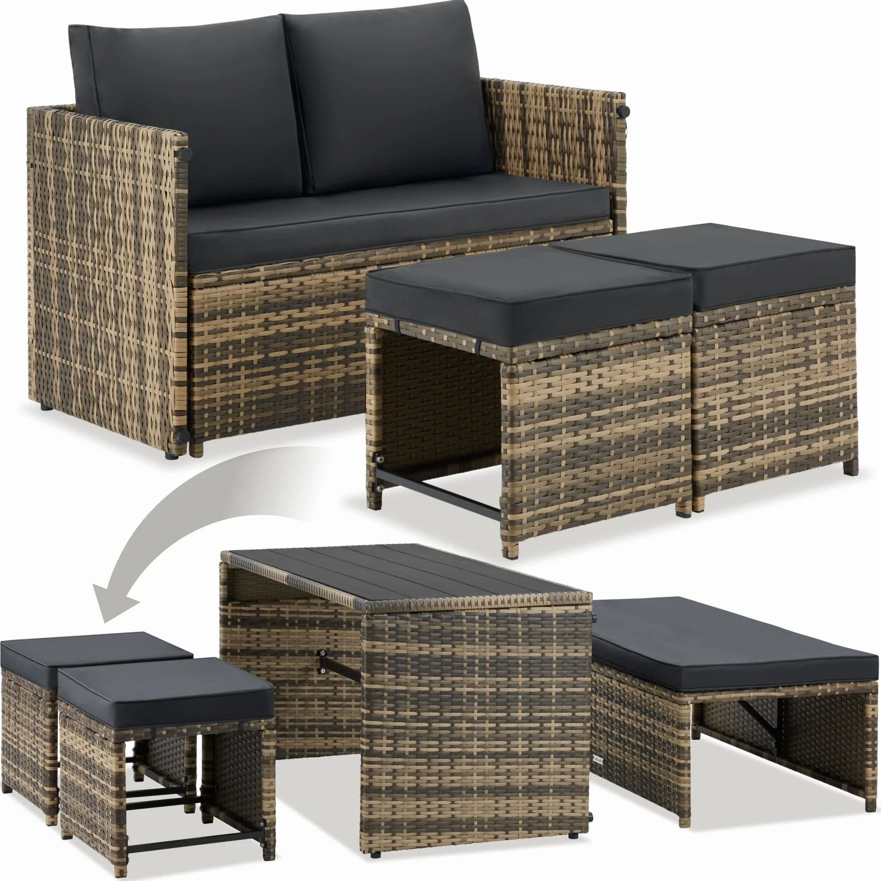tectake® Conjunto Jardin Exterior 2 en 1, Muebles Jardin Exterior, Mesa y Sillas Terraza, Sofa con Cojines Impermeables y Lavables, 4 Personas, Sofas, Silla, Mesa Terraza, Mueble - Natural