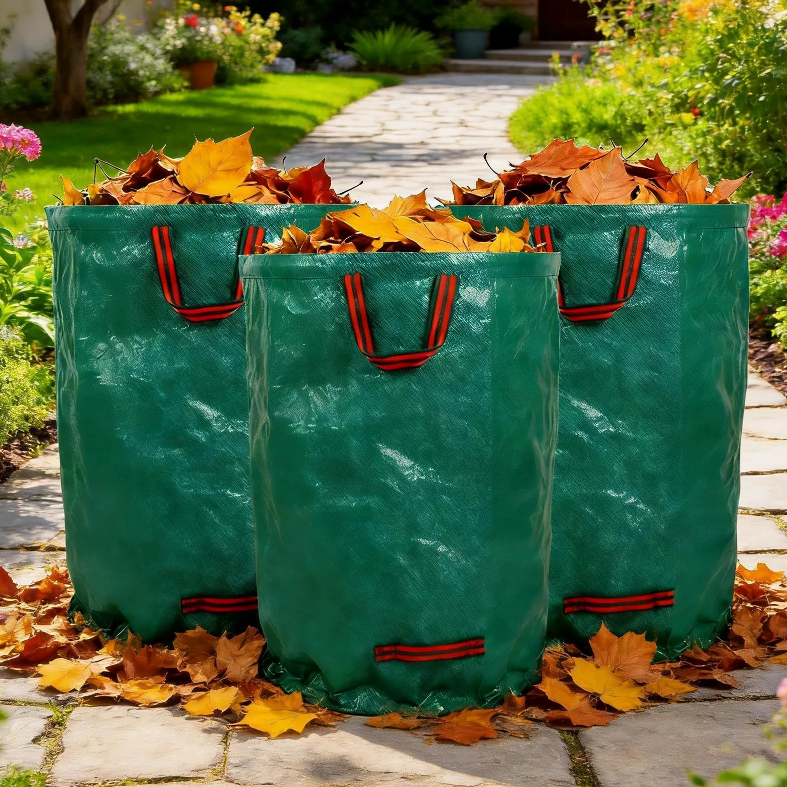 Bolsa para Residuos de Jardín 3 unidades recogedor de residuos | Bolsas para hojas con asas reforzadas para camping, jardinería, limpieza en casa y exteriores