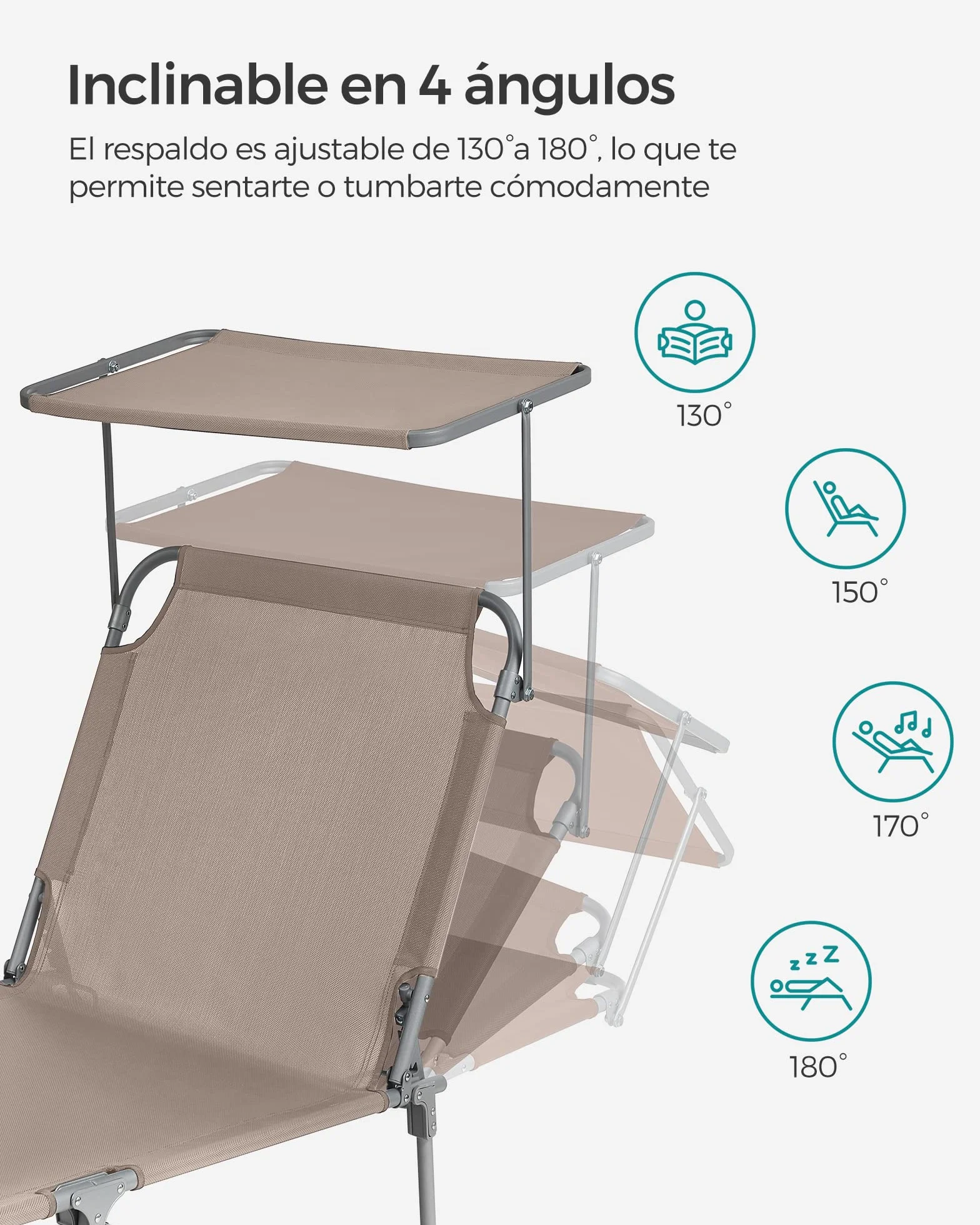 SONGMICS - Tumbona Plegable, Tumbona, 193 x 53 x 29 cm, Capacidad de Carga 150 kg, con Parasol y Respaldo reclinable, para jardín, Piscina, terraza, Color Topo GCB192K01