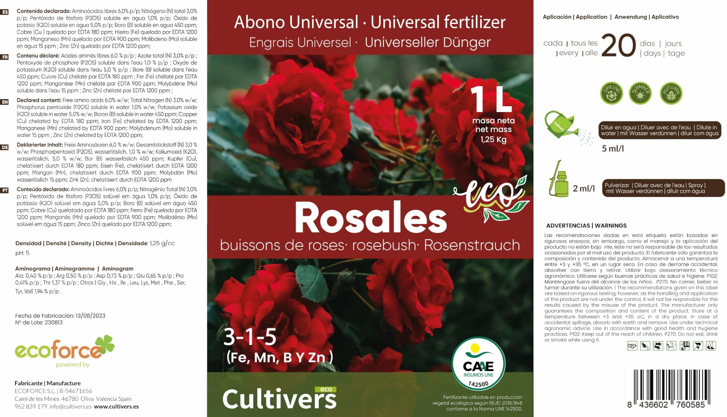 CULTIVERS Fertilizante Rosales Ecológico 1 L. Abono líquido. Hojas más Verdes, Mayor Floración e Intensifica el Color con Macronutrientes y Micronutrientes. 100% Orgánico