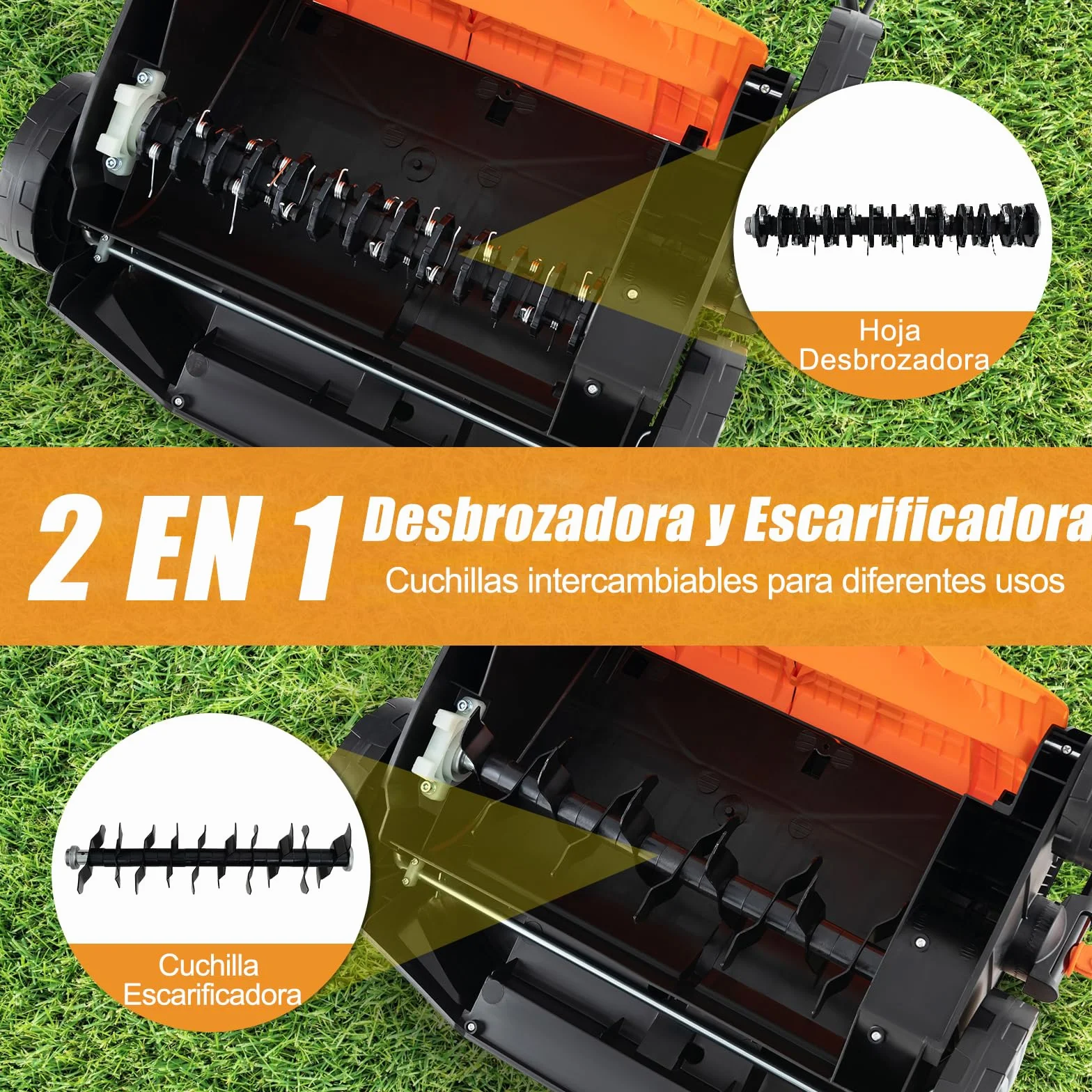 GOPLUS Escarificador Eléctrico, Cortacésped de Empuje con Ajuste de Profundidad de 5 Posiciones, Bolsa de Recolección Desmontable 55 L, Rastrillo Eléctrico Plegable para Cuidado del Césped (Naranja)