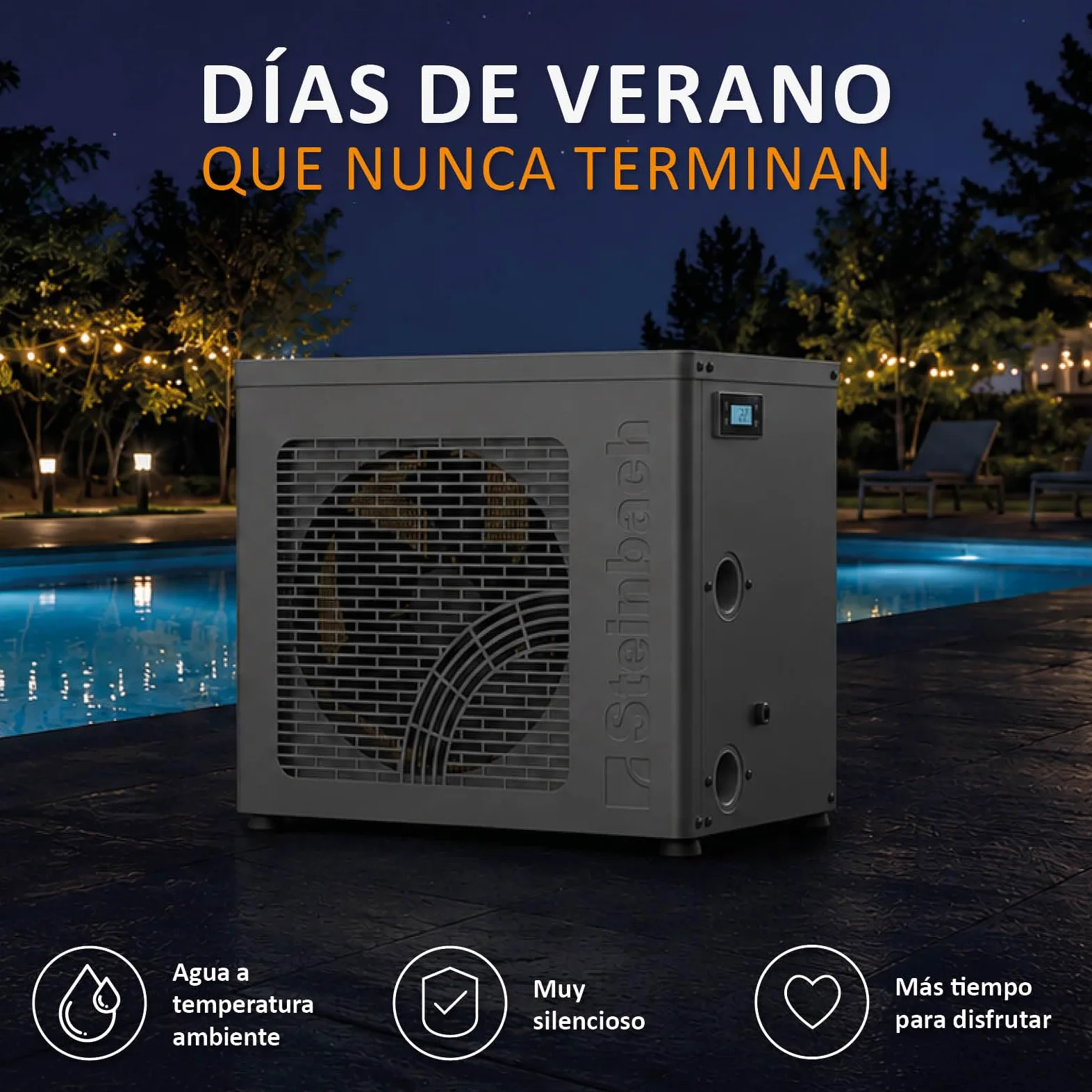 Steinbach Startis Style 049400Z - Bomba de Calor para Piscina de hasta 20.000 L 4,3 kW con Control por aplicación WiFi, Segura para Agua Salada, refrigerante R290 eficiente