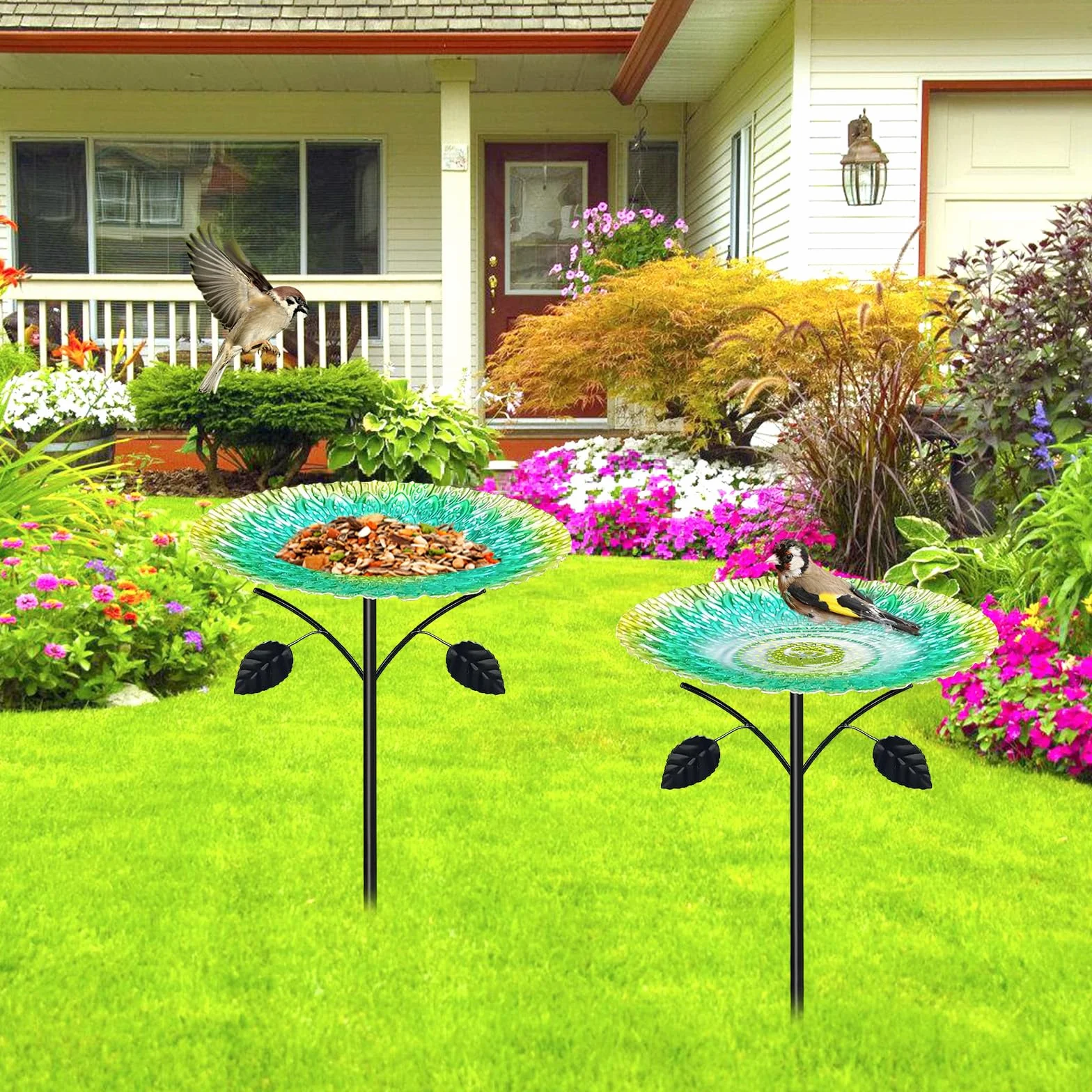 Bebedero para pájaros de pie, grande, 83 cm, de metal, baño para pájaros de pie, para jardín, resistente al invierno para exteriores, bebedero de agua antiguo para pájaros, bebedero de jardín con base