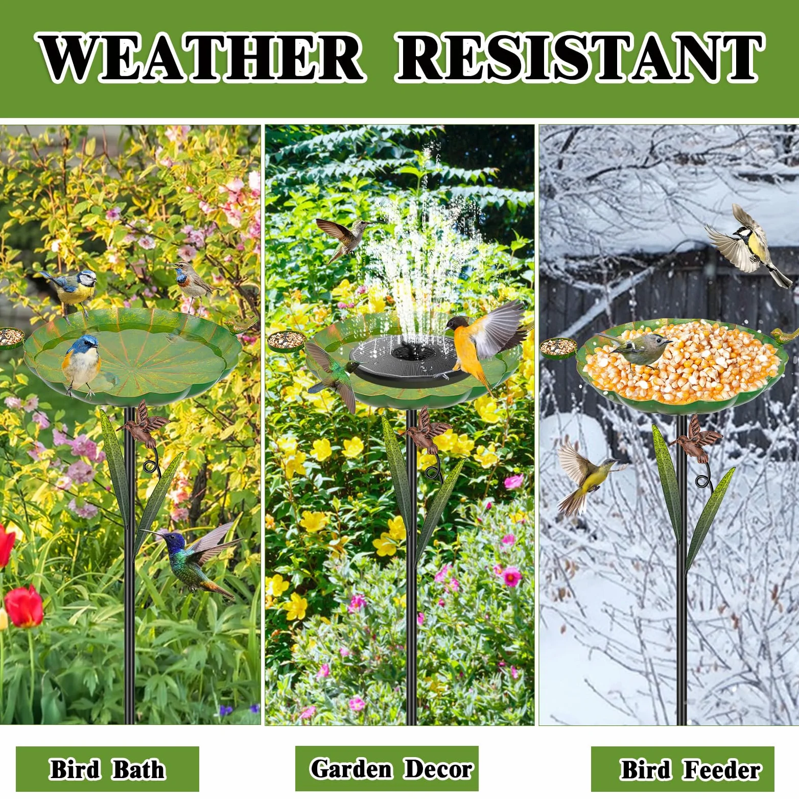 Baño de metal para pájaros para exteriores, base desmontable resistente de 5 puntas con cuenco y pájaros decorativos, comedero de hierro duradero para jardín, patio, decoración de patio (verde