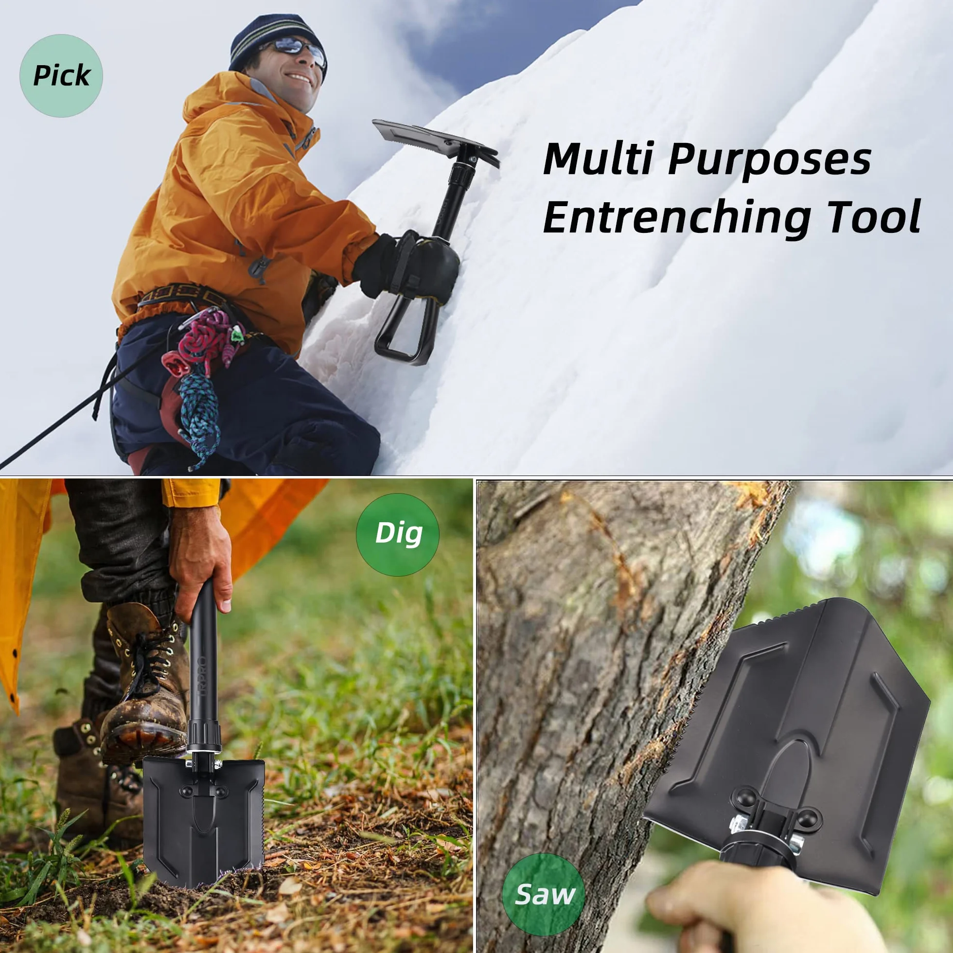 Pala Plegable con púa, Mango portátil de Acero al Carbono, Supervivencia, atrincheramiento, Militar, extinción de Incendios, zanjas, para Camping, jardinería, excavación, Arena, Barro y Nieve