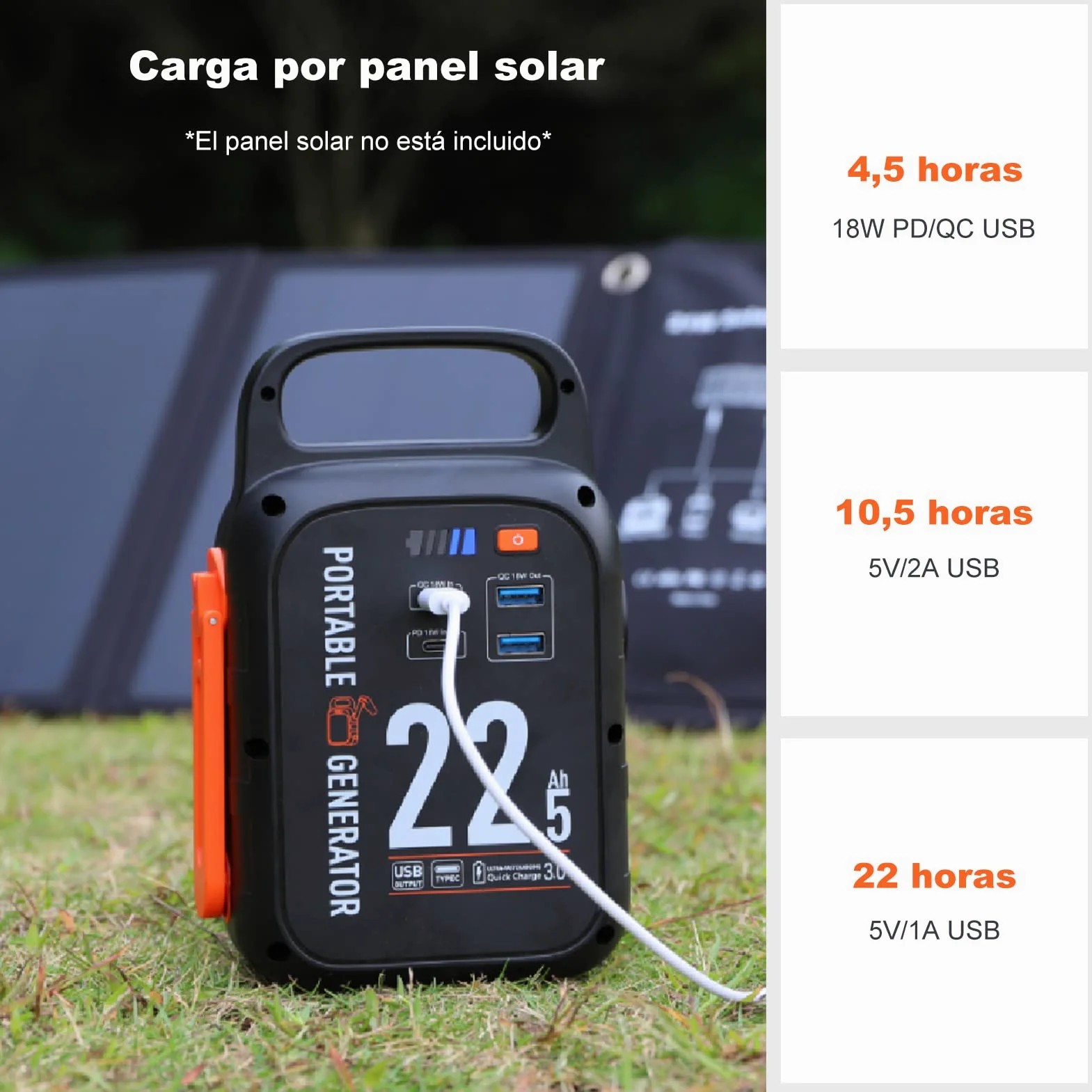 Crank Power Bank 22500mAh, 18W carga rápida USB tipo-C, 83.25Wh generador de energía con luz LED para emergencia camping al aire libre.