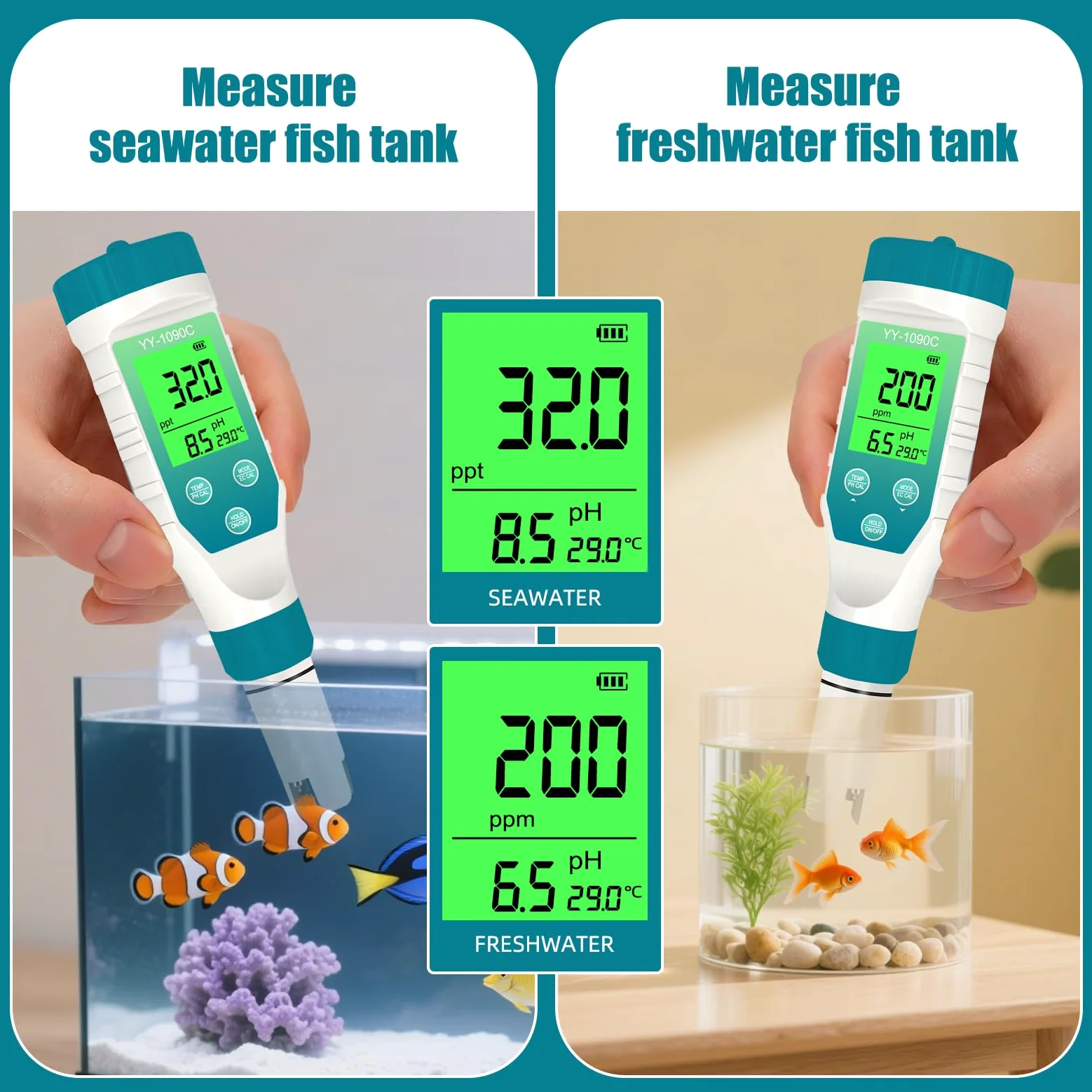 Medidor de pH para hidroponía y medidor de sal de spa - Medidor de pH, salinidad, TDS, EC y temperatura 5 en 1 con calibración de 12,88 mS/cm - Monitor de calidad del agua de piscina de agua salada