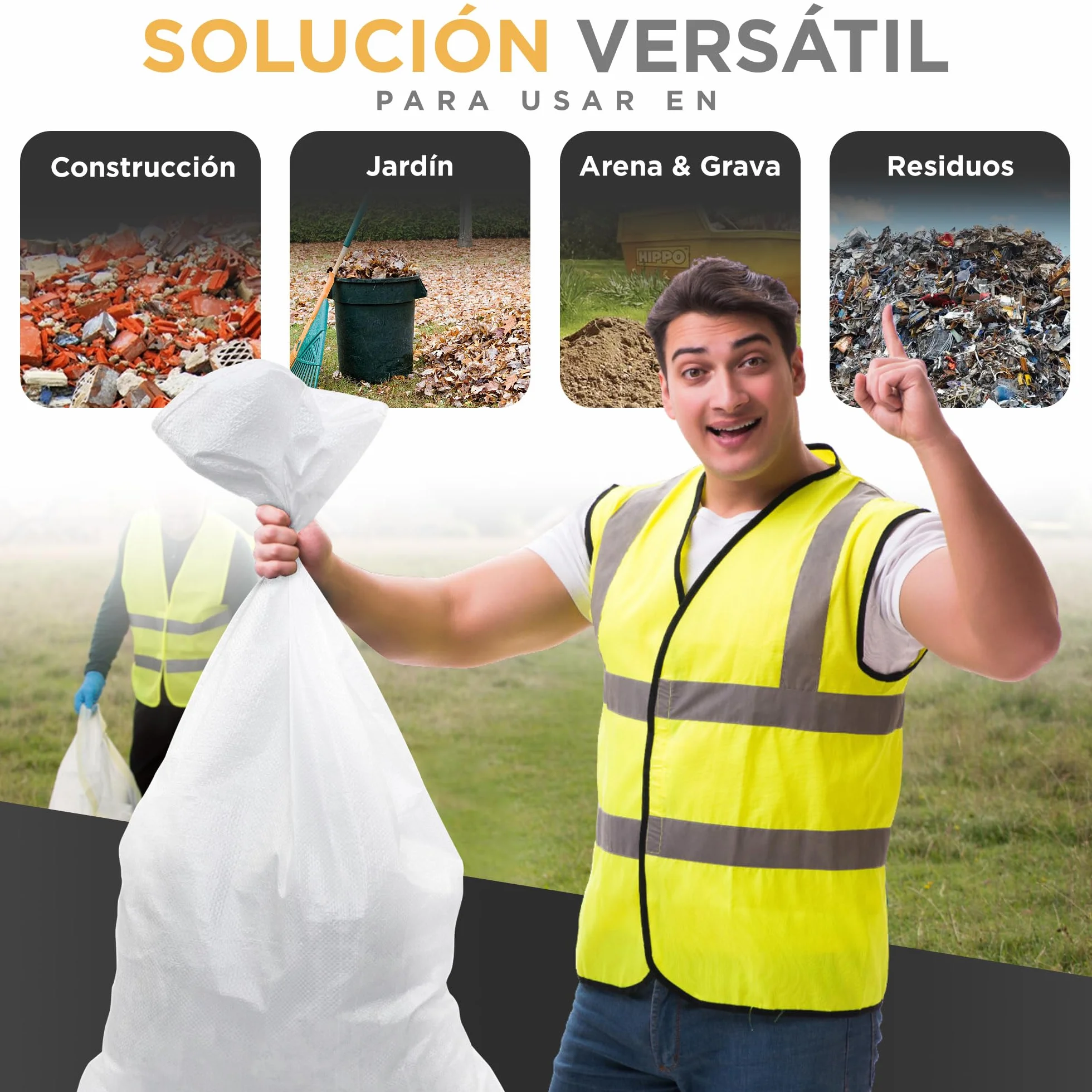 Pack 10 Sacos para Escombros | 55 x 95cm - Muy Resistentes (55kg) & Reutilizables | Saco de Escombros perfectos para Arena, Tierra, Jardin, Construcción y Hojas