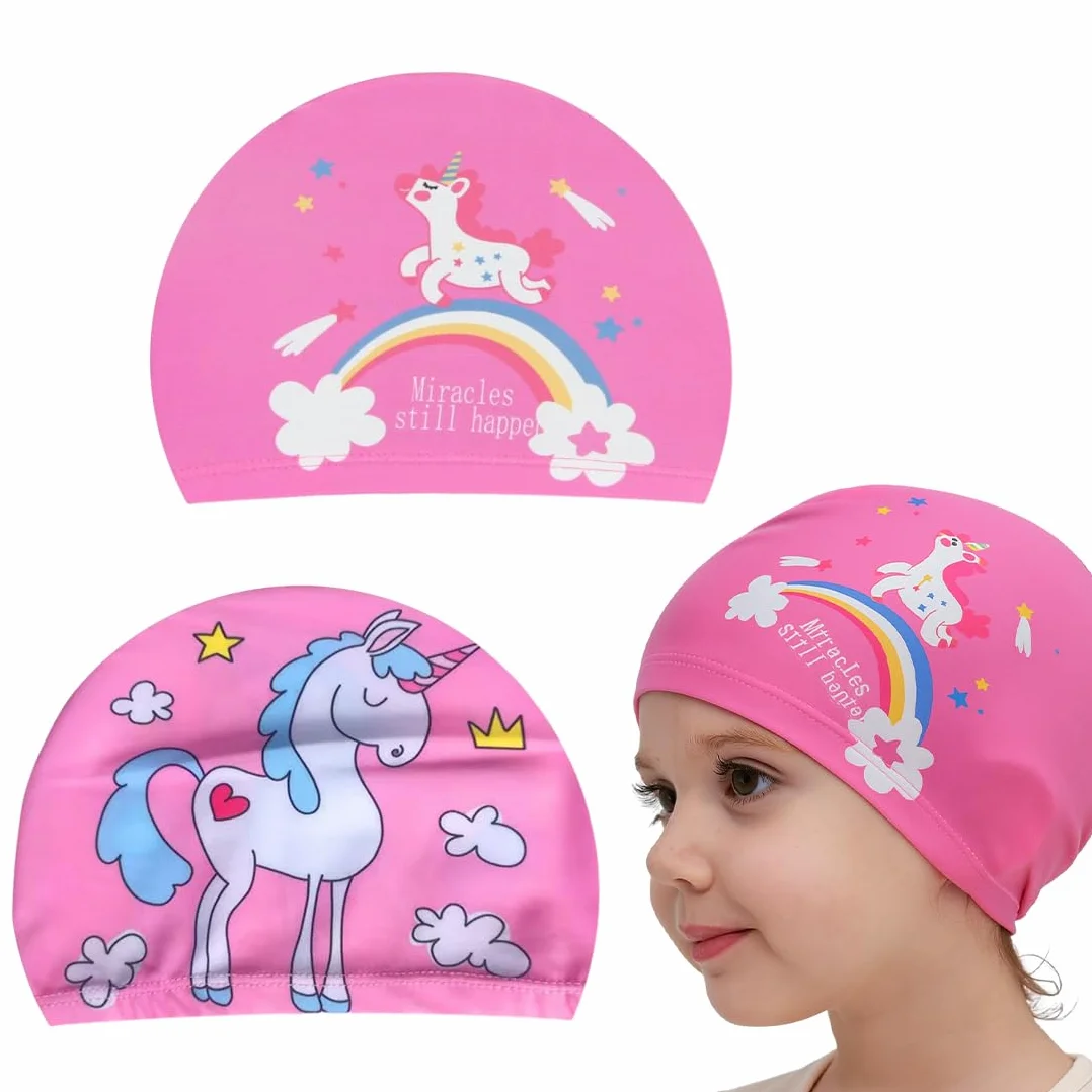 Gorro piscina bebe impermeable unicornio 2 unidades poliéster rosa 1-7 años cabello corto largo