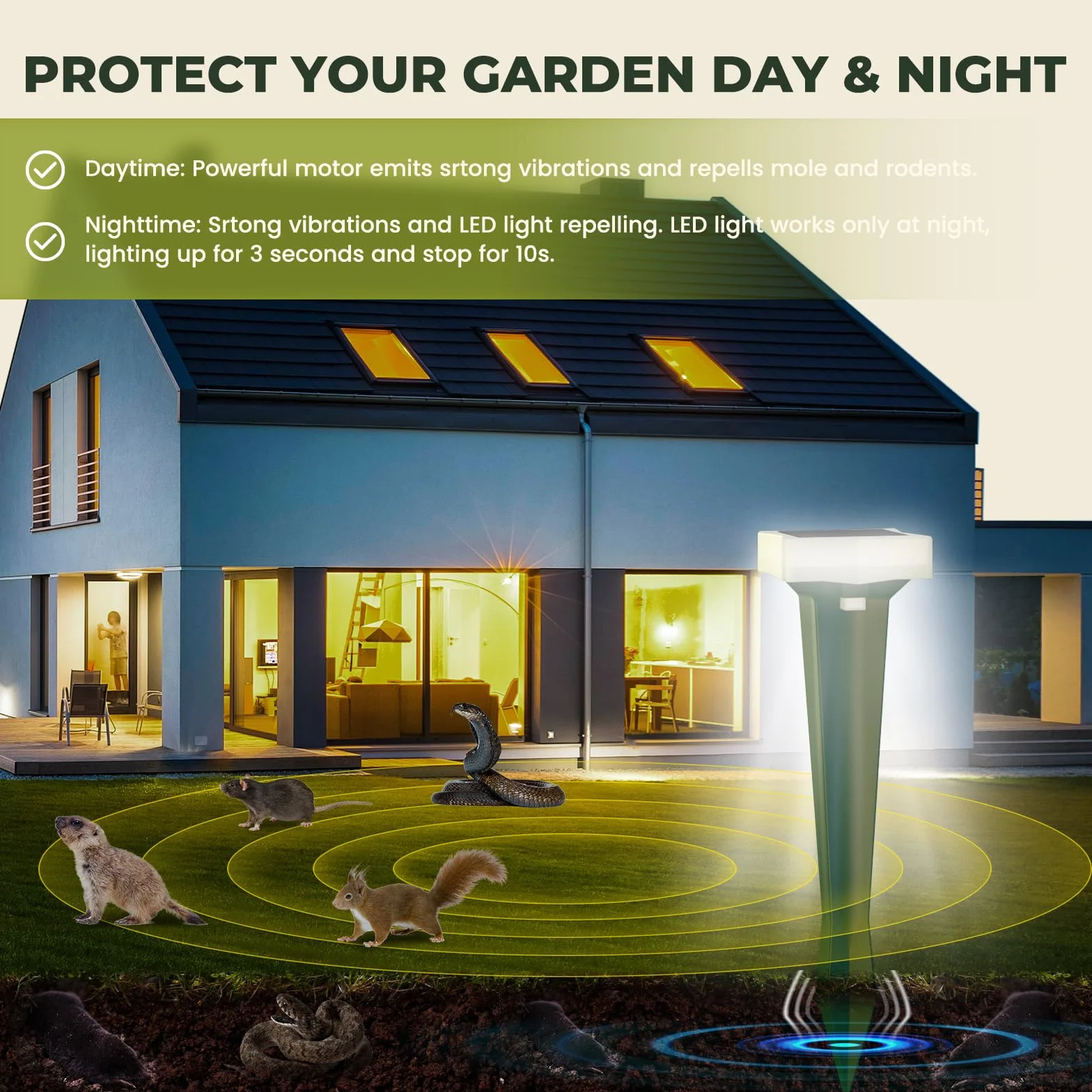 Ahuyentador de Topos, 3 Modos de Vibración Ahuyentador de Ratas con Luz LED, Solar y Impermeable Ultrasónico de Plagas, Topos y Serpientes, per Césped, Patio y Jardín (4 Paquete)