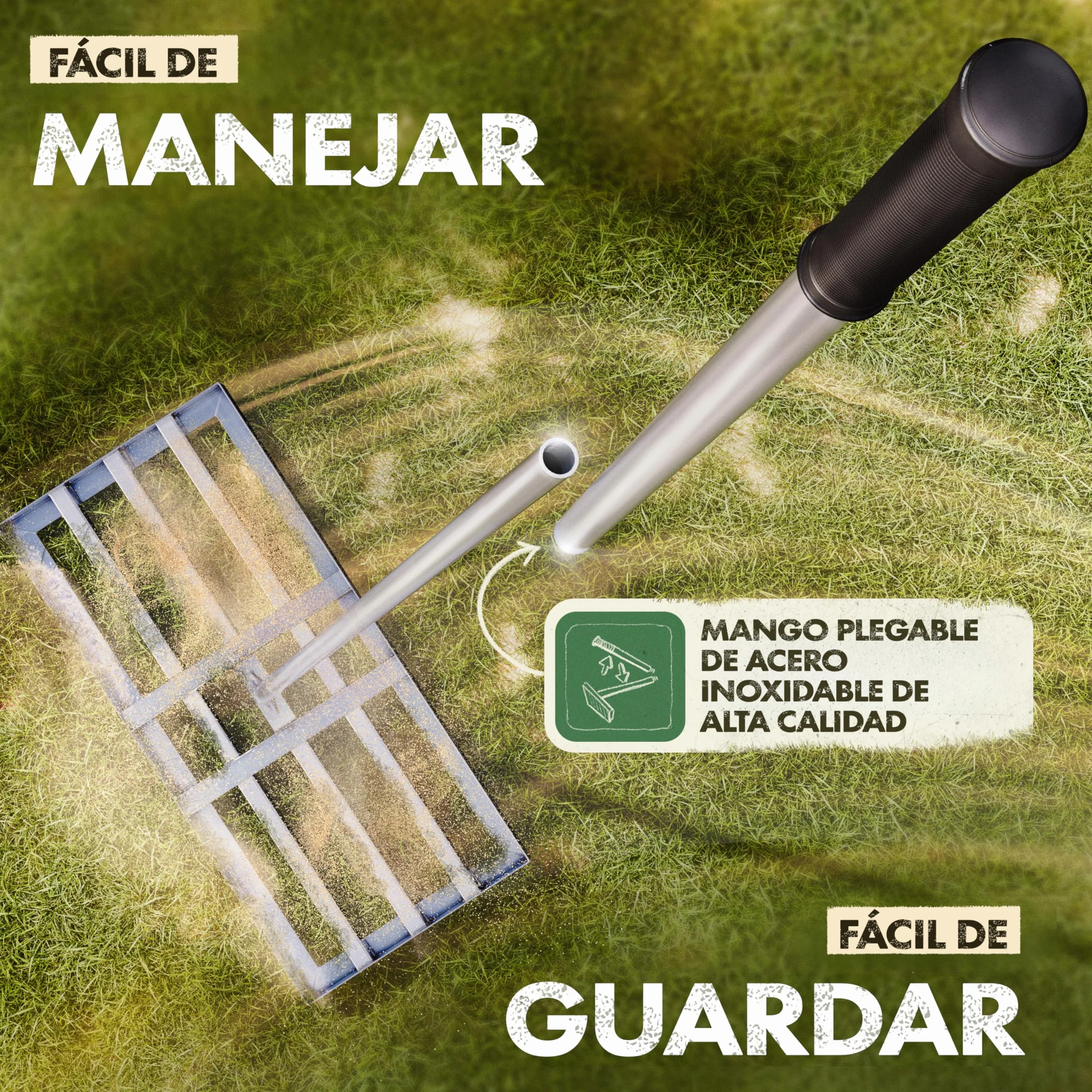 GARLINGO Rastrillo de césped | 75 x 35 cm | Incl. Mango METÁLICO de 1,7m | Rastrillo de césped para lijar el césped, nivelar la Arena del césped, aireador Nivelador de césped con rastrillo
