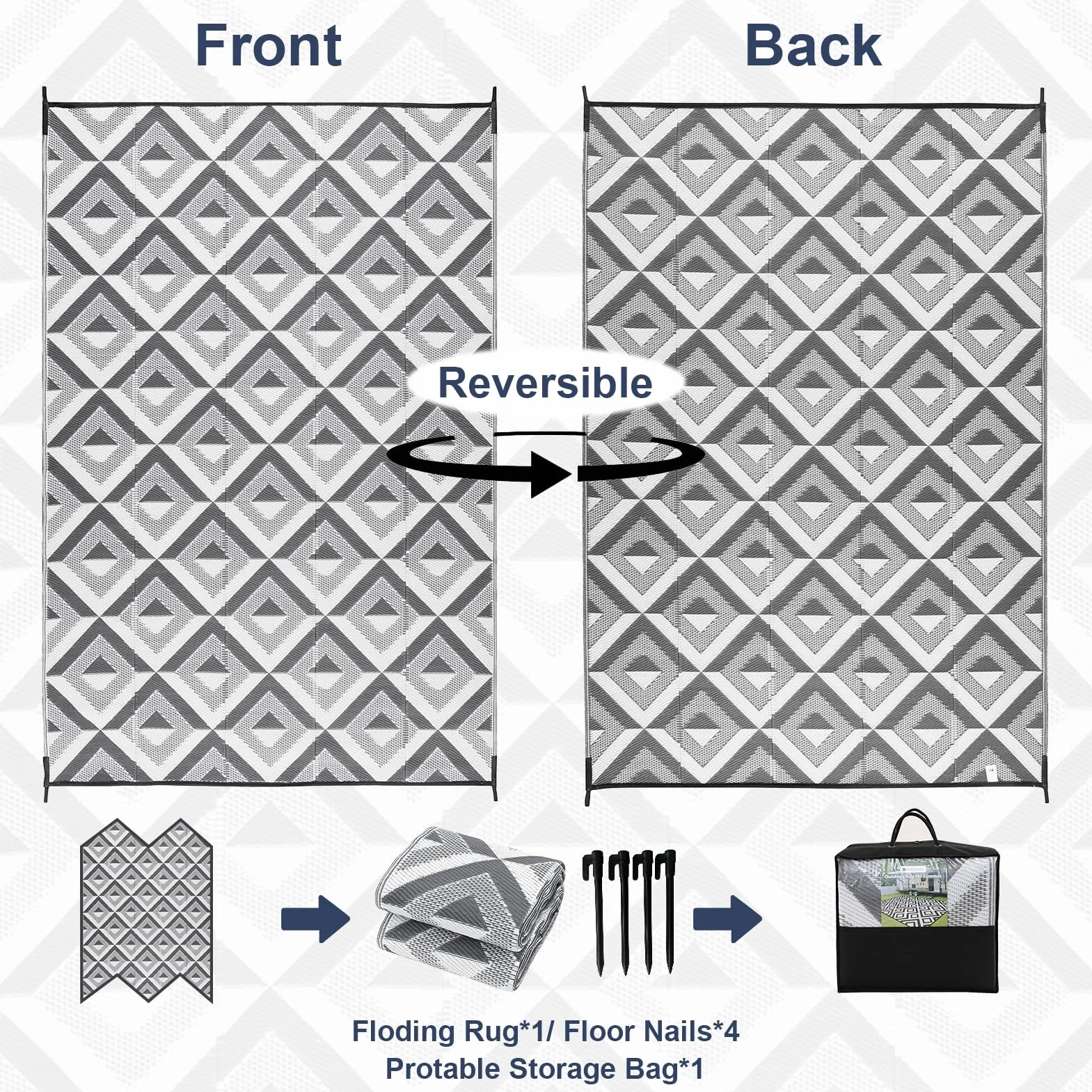 CHOSHOME Alfombra Exterior Impermeable 180x270cm Reversible UV Resistentes para Jardín Patio Camping - Plegable Ligera con Bolsa Transporte, Gris