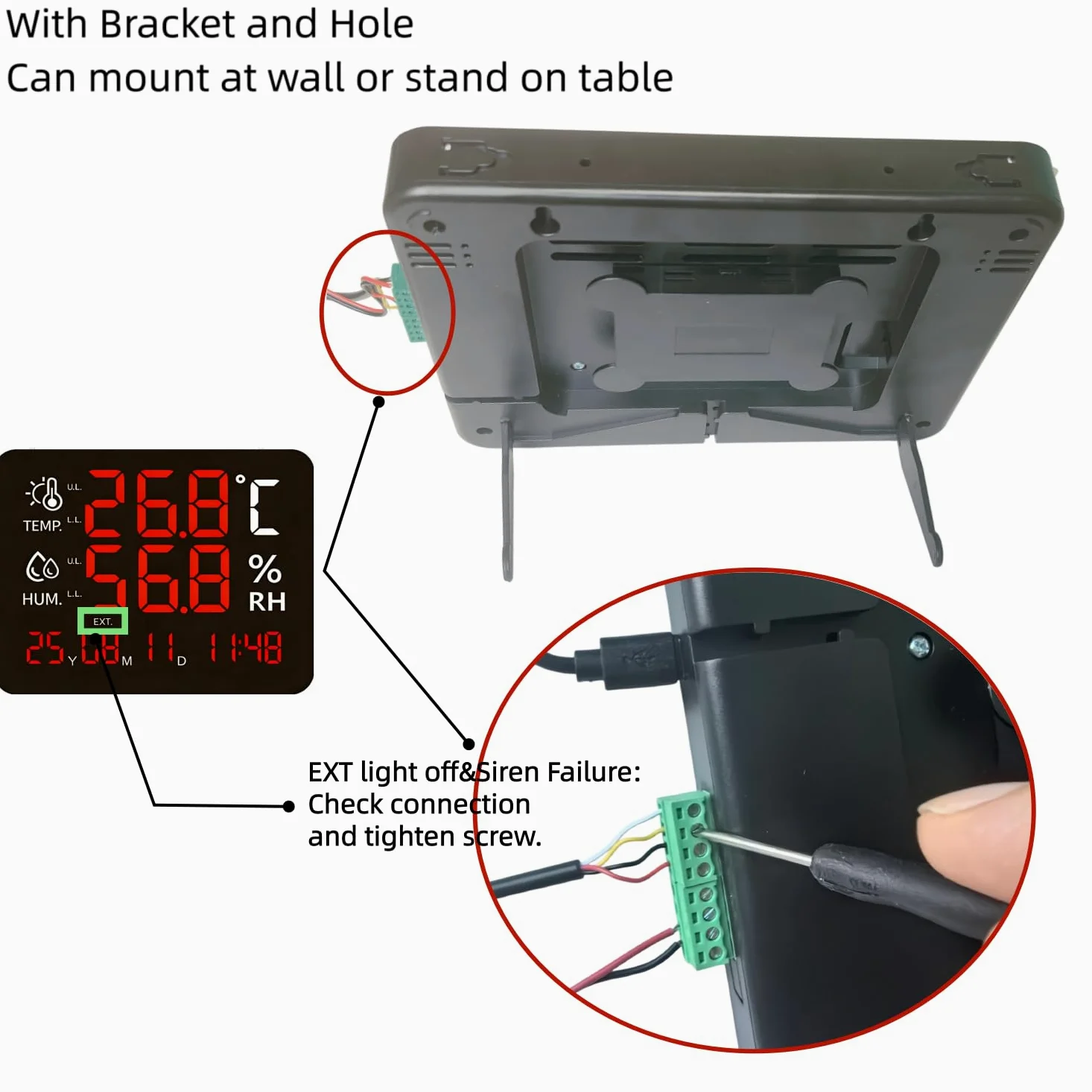 Termómetro de pantalla grande, luz de advertencia de temperatura grande, máximo mínimo para monitorear alta y baja temperatura, sensor de humedad, alerta de alarma, termómetro higrómetro con hora y