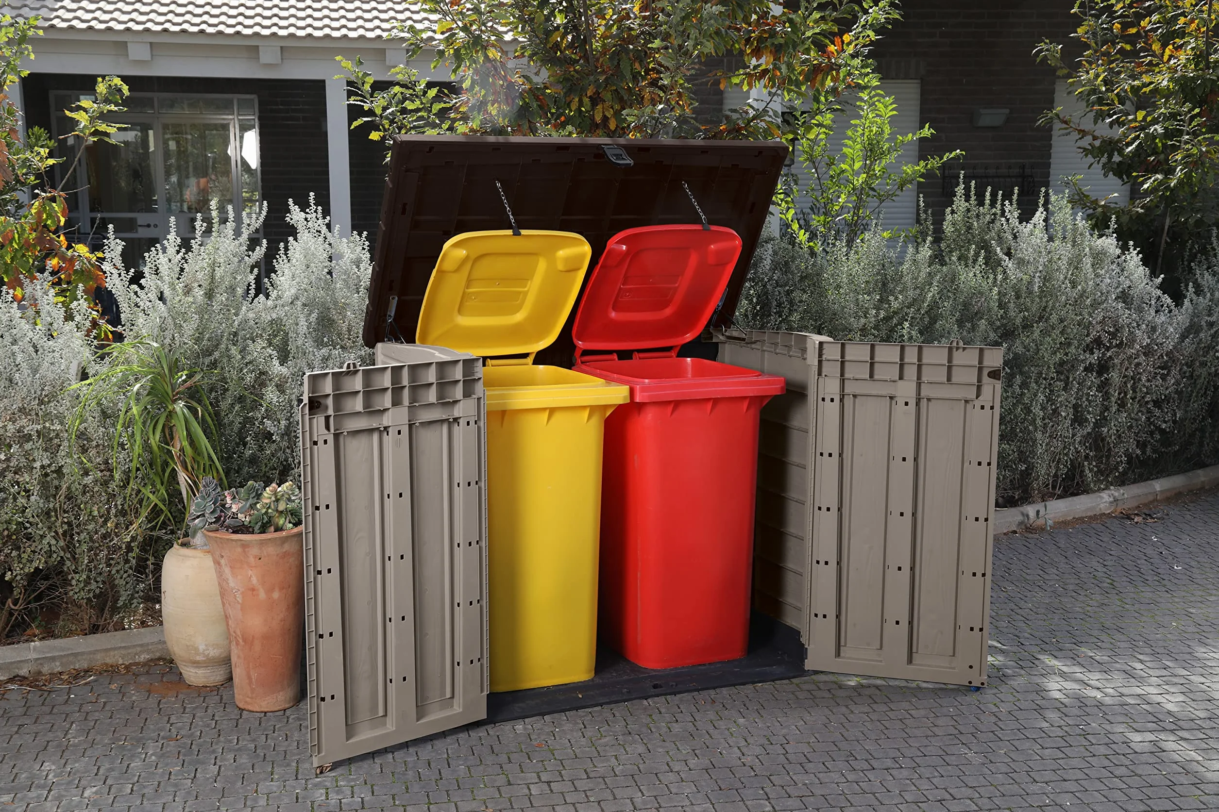 Keter Sio Pro -Cobertizo de jardín Exterior, Capacidad 1200L, Color Beige/Marrón, 145,5 x 82 x 123 cm