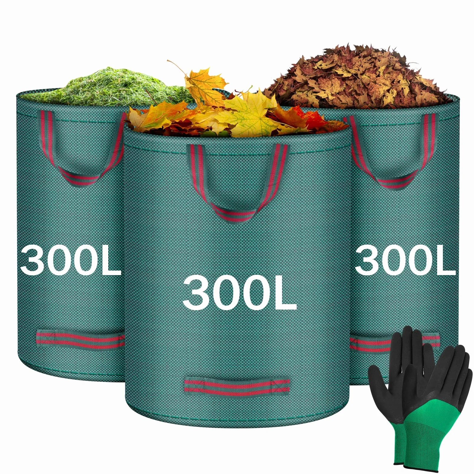 Flintronic 3x300L Bolsas para Desechos de Jardin, bolsa de Jardín Plegable con Asas de Transporte, Bolsa de Basura Reutilizables, Grandes bolsa de basura con Guantes