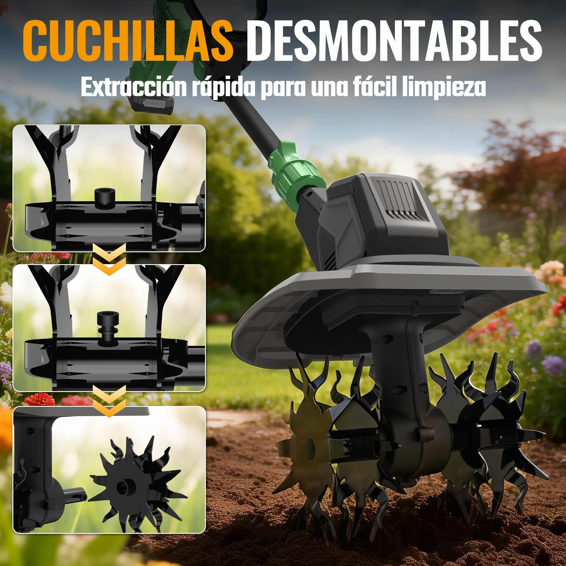 WORKPROX Motoazada Eléctrica a Batería 20V con 4,0Ah, Cultivador de Jardín Inalámbrico, Ancho de Trabajo 20 cm, Profundidad 20 cm, Ruedas Ajustables, Mango Plegable