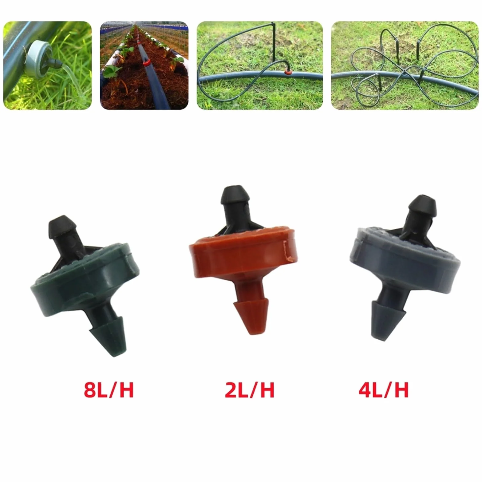 Emisores de Riego por Goteo Mini emisor de Goteo compensador presión 2 l/h, 4 y 8, Manguera 4/7 mm, Accesorios riego for invernaderos jardín, 500 Unidades(Green 8L)