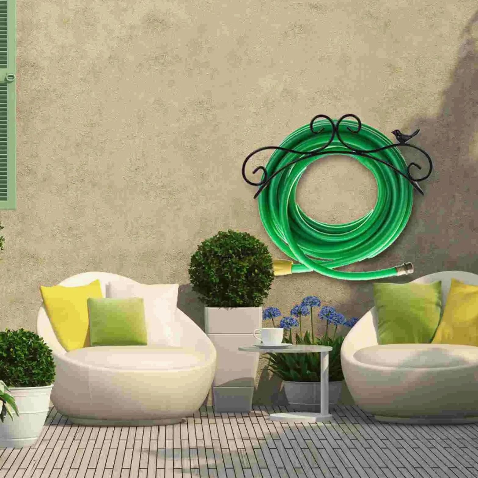 Soporte Manguera Jardin Carrete de Manguera Pared con Marco Hierro Forjado y estantes Negros, Soporte Decorativo, Colgador jardín pie