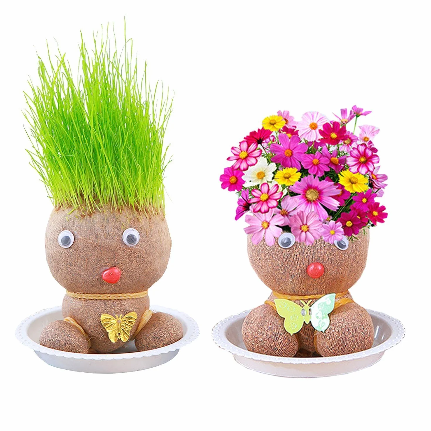 2 muñecos de crecimiento de plantas, 2 bandejas, muñecas de cabeza de hierba con cabeza de flores, mini muñecos de cabeza de hierba bonsai, decoraciones creativas de escritorio de oficina