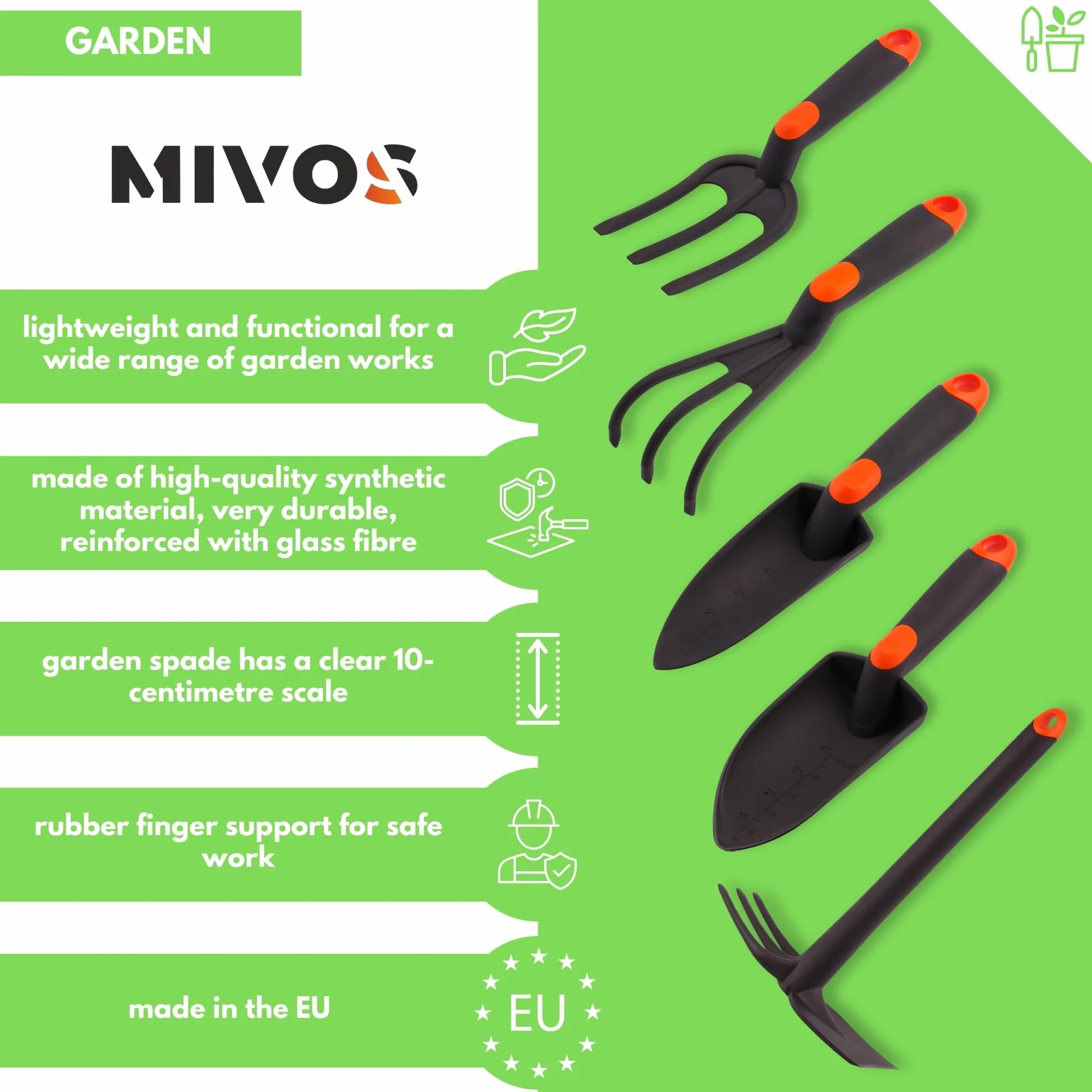 MIVOS Juego de Herramientas de Jardinería de 5 Piezas para Cuidado del Jardín - Garra - Azada Doble - Palita Pequeña - Mini Horquilla - Herramientas de Mano de Plástico Reforzado con Fibra de Vidrio